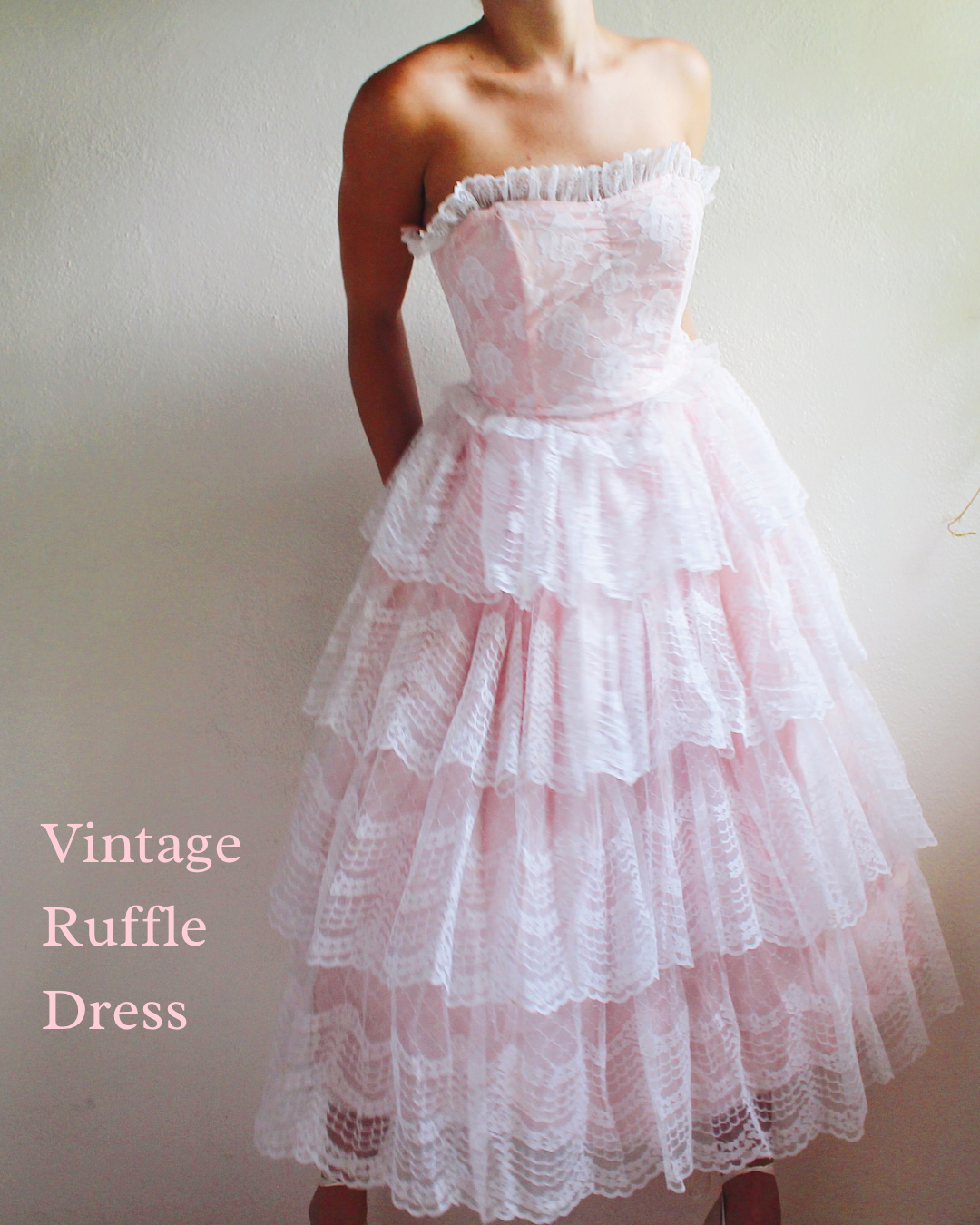 1960s Vintage Pink Lace A-Line Gown - Floral Lace & Tiered Ruffled Ski Dusted Archive 1960s Vintage Pink Lace A-Line Gown - Floral Lace & Tiered Ruffled Ski Dusted Archive