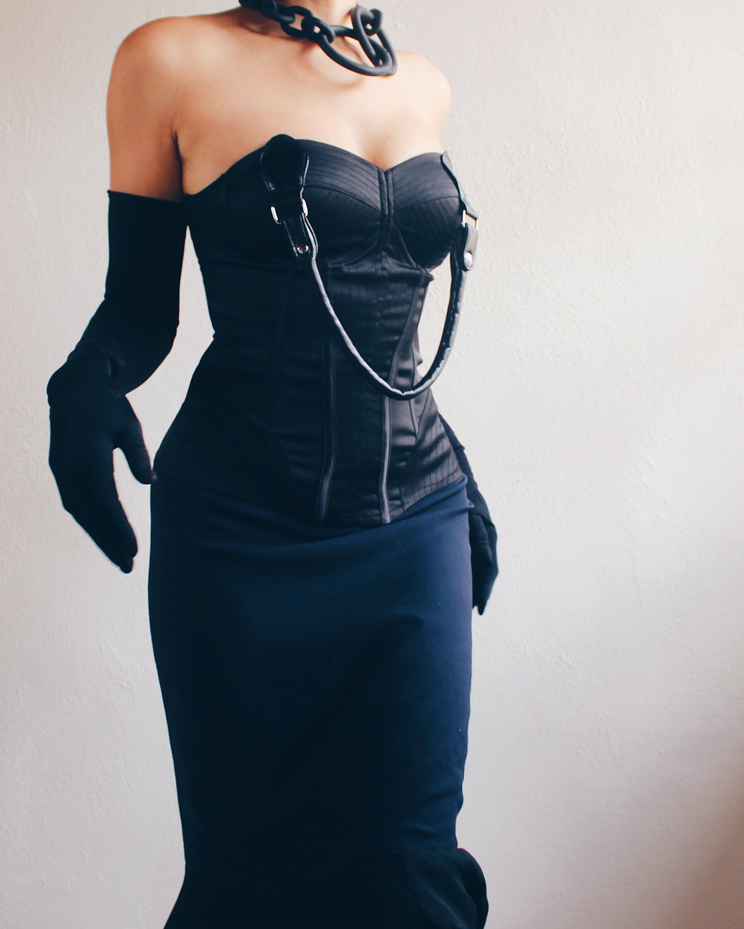 Upcycled Black Bustier with Purse Handle - Chic Contemporary Statement Piece | Sustainable & Daring Fashion
