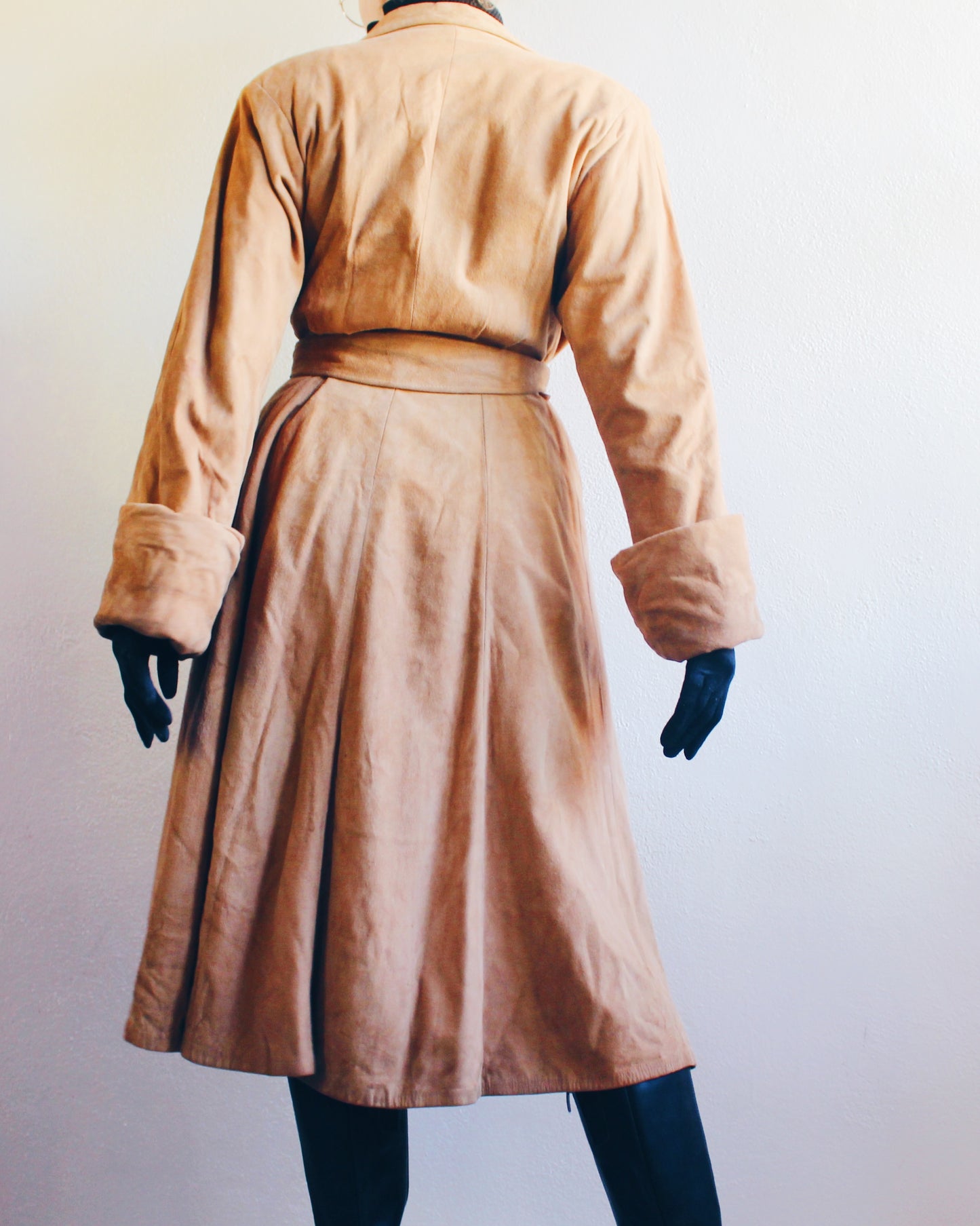 Vintage 70s Brown Suede Trench Coat with Belt – Retro Chic Long Leather Jacket