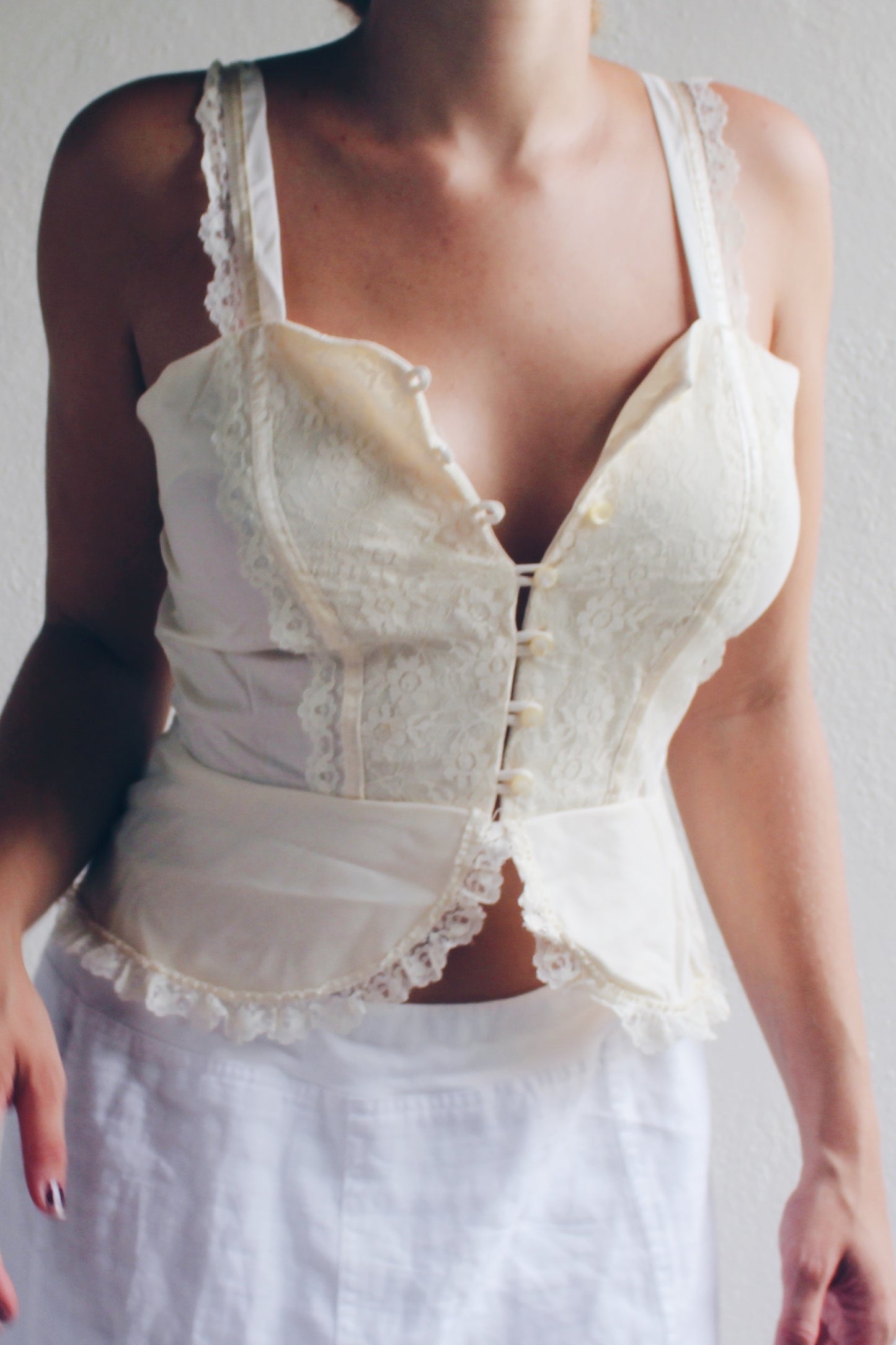 Cream lace tank top / cottage core peplum slip cami / lace Edwardian camisole