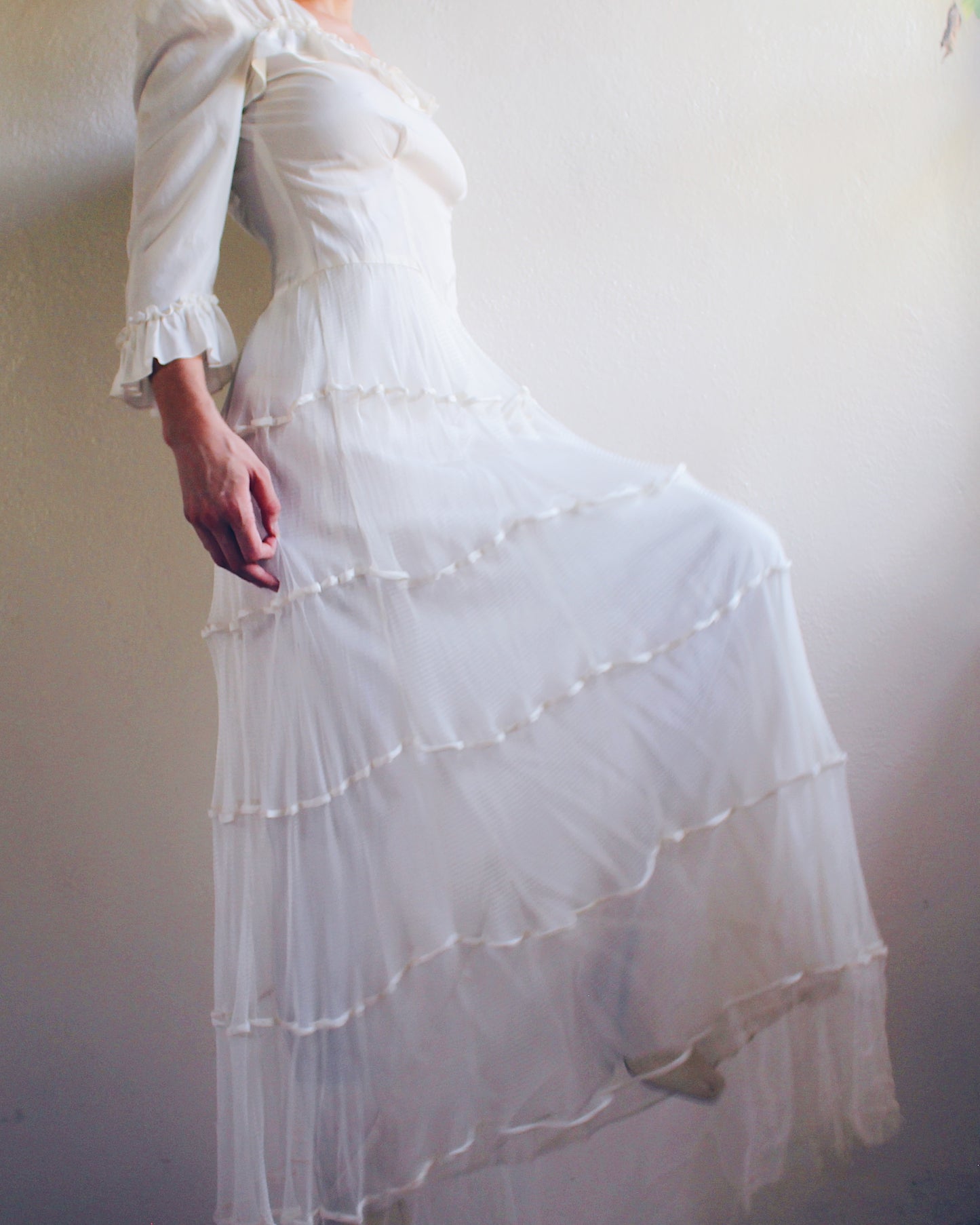 Vintage Handmade Heirloom Wedding Gown – Ethereal Sheer Tiered Dress | Delicate Haunting Bridal Style