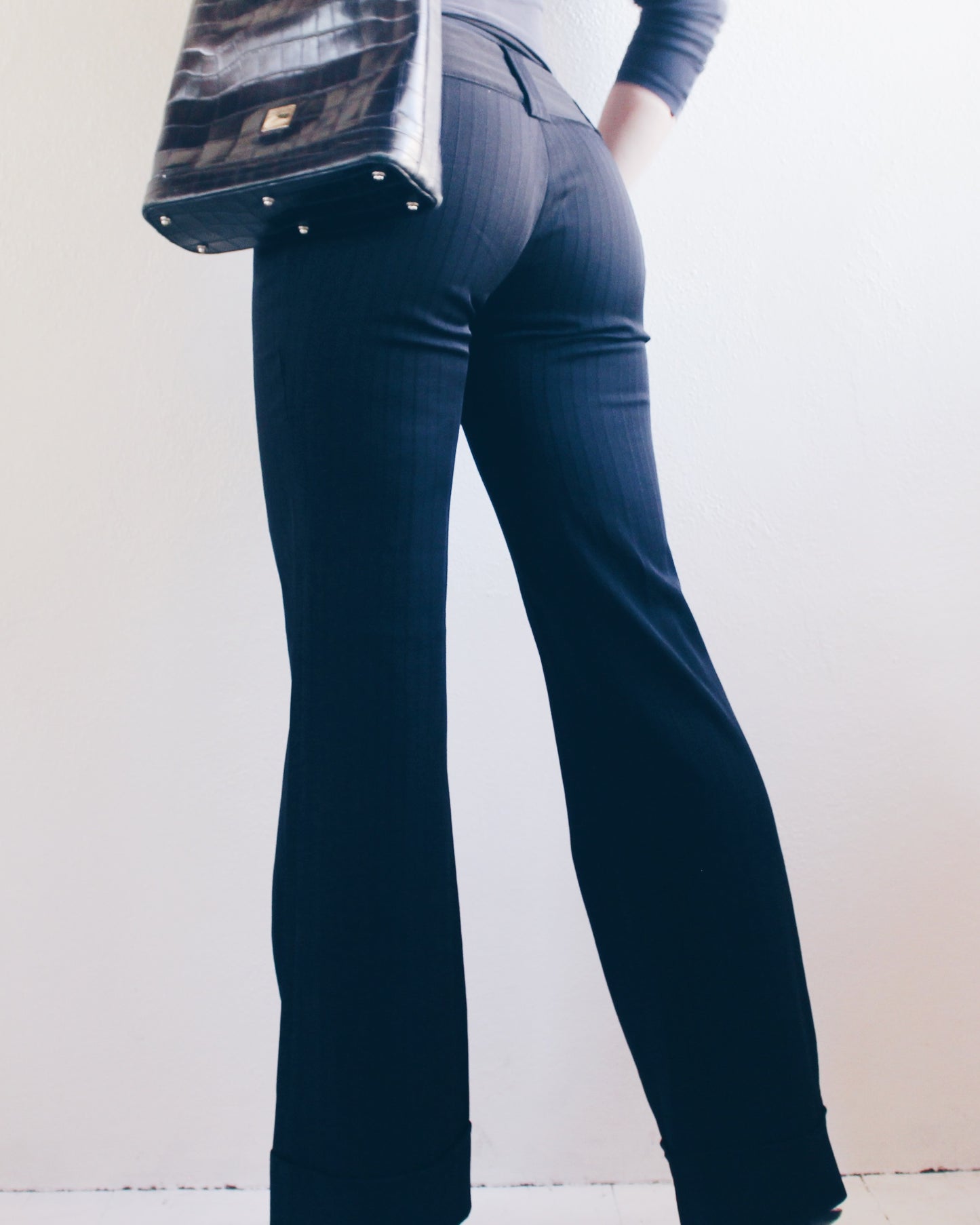 Vintage Y2K Low-Rise Black Pinstripe Bootcut Pants - Office Siren Style