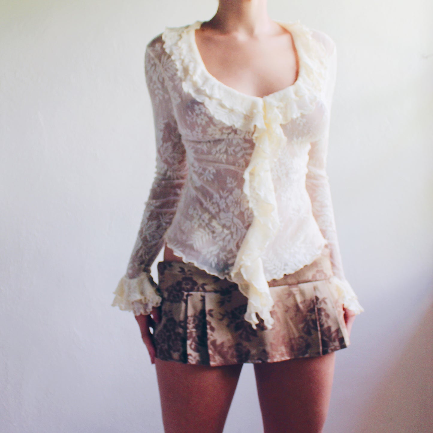 Bronzed Gold High Waisted Floral Drop Waist Mini Skirt - Coquette Baroque Style