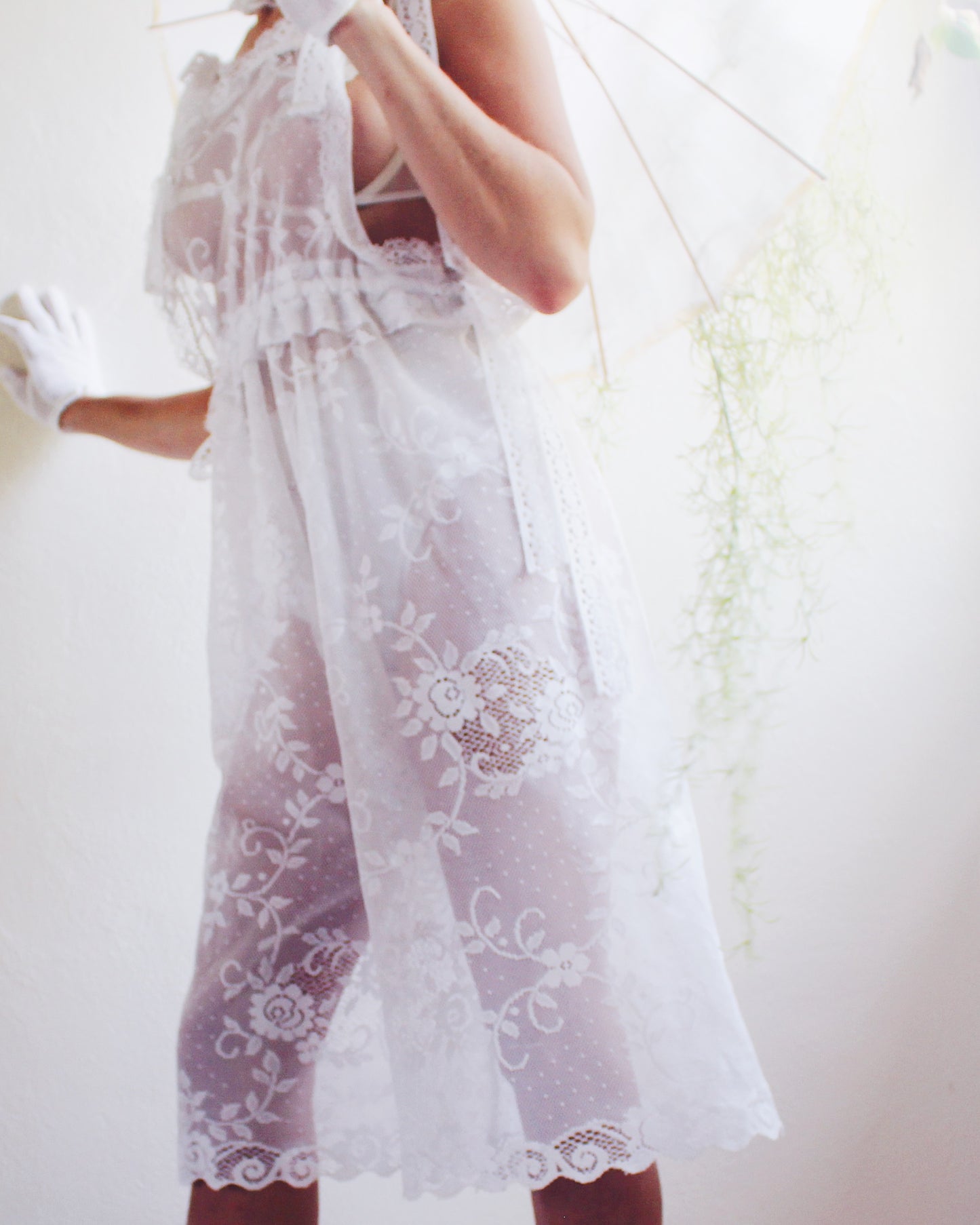 Upcycled Sheer Lace Overalls – Vintage White Curtain Reworked Dungarees | Whimsical Boho Summer Style