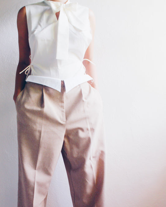 Vintage Cream False Collar with Side Ties - Corporate Minimalist Androgynous Style | Half Shirt Lapel Perfect for Layering