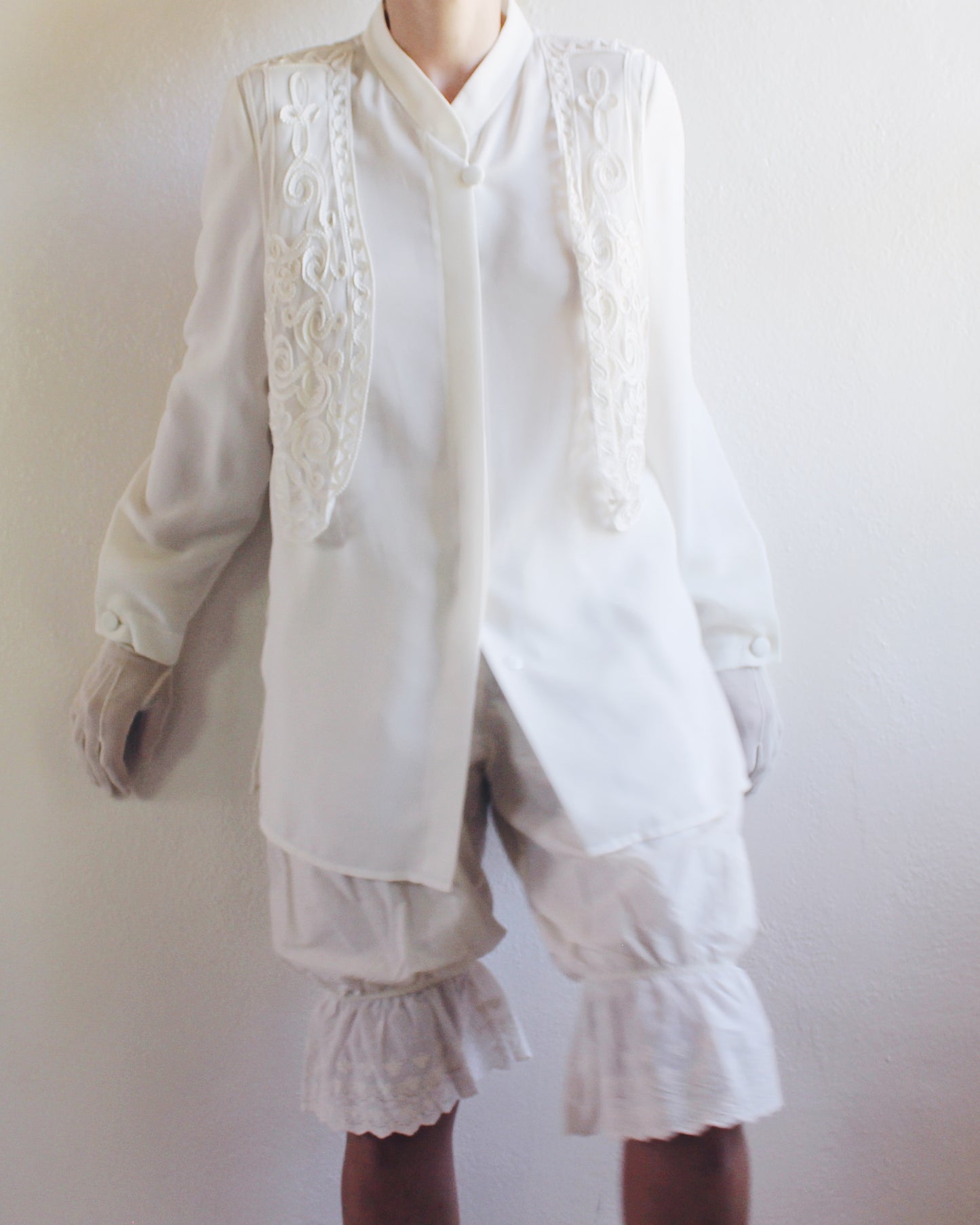 Ivory Vintage Long Sleeve Button Up Blouse with Attached Embroidered Vest - 90s Bohemian Renaissance Style | Cottagecore Fashion