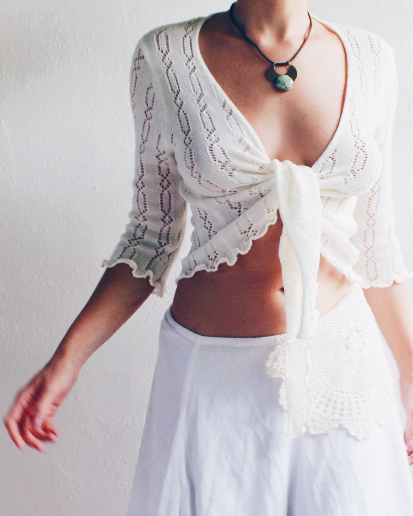 Y2K Vintage Cream Knit Cardigan with Ruffled Lettuce Hem - Cute Coquette Style | Perfect for Layering Boho Outfits