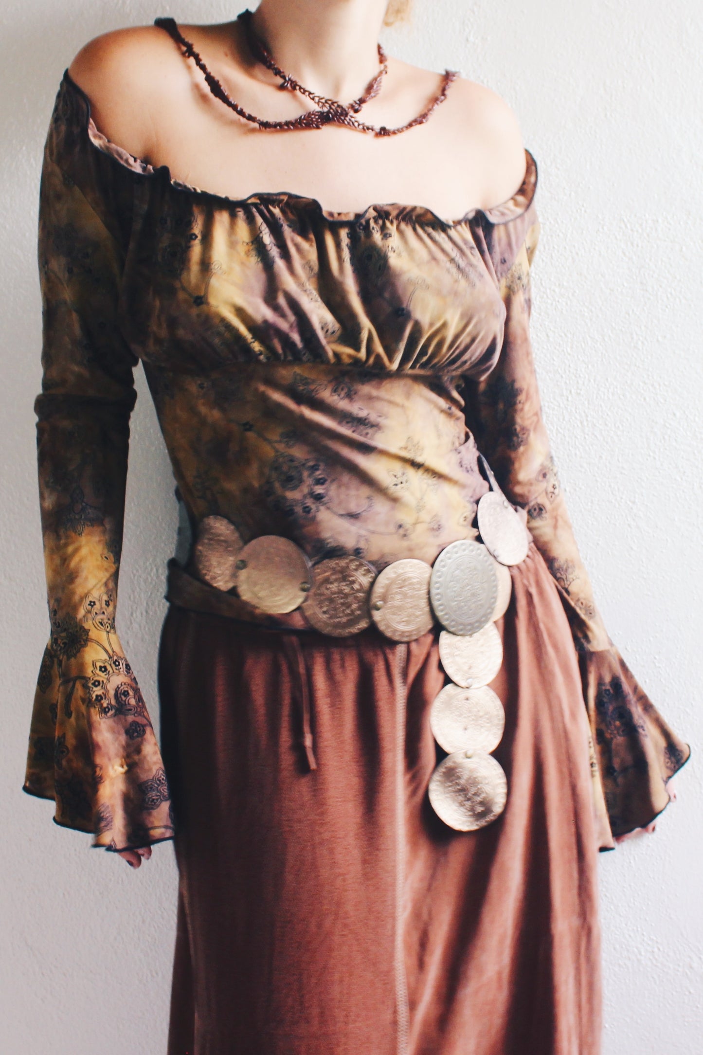WhimsyGoth Dreams Velvet Print Bell Sleeve Blouse - Dark Elegance Meets Boho Chic!