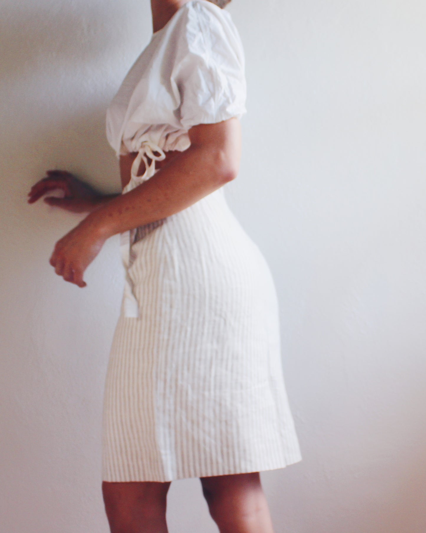Beige Striped Linen Midi Skirt - Minimalist Pinstripe 90s Style | Perfect Summer and fall Skirt