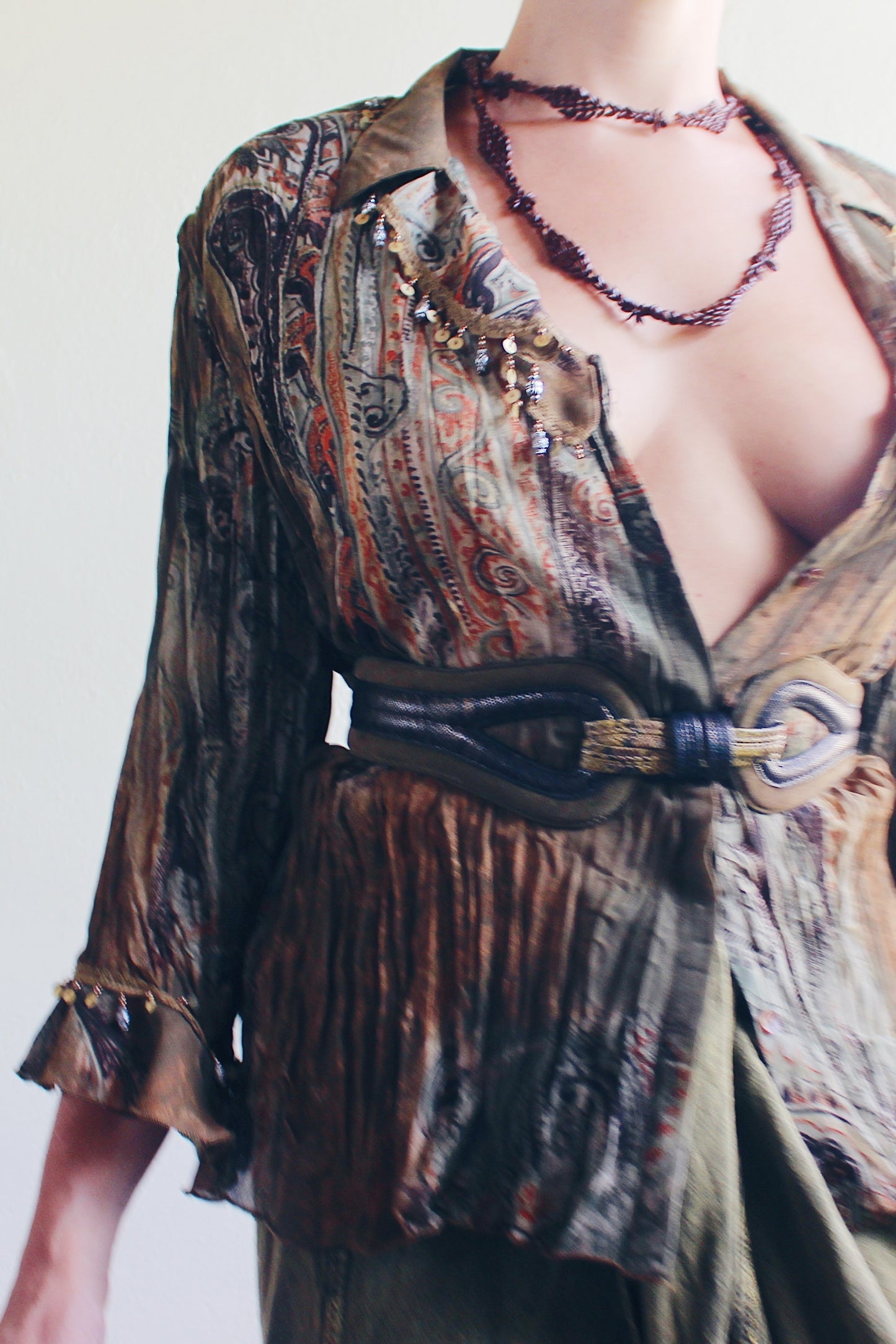 Whimsygoth Green Brown Blouse / Vintage 90s Textured Beaded top / Ruffle sleeve Paisley Artsy Witch Shirt