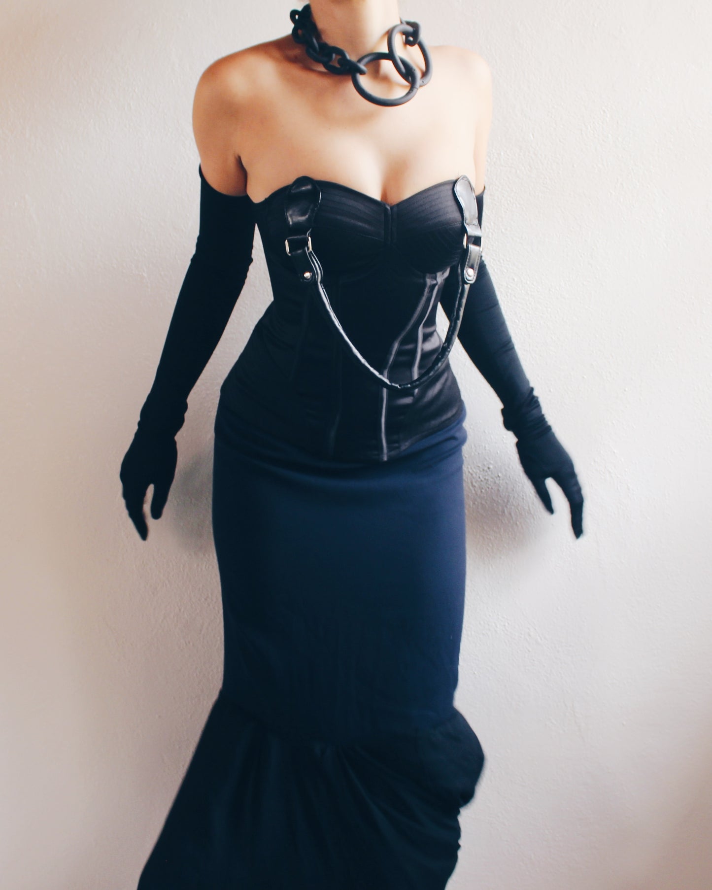 Upcycled 90s Black Silk Fishtail Skirt with Bubbled Hem – Vintage Sustainable Fashion