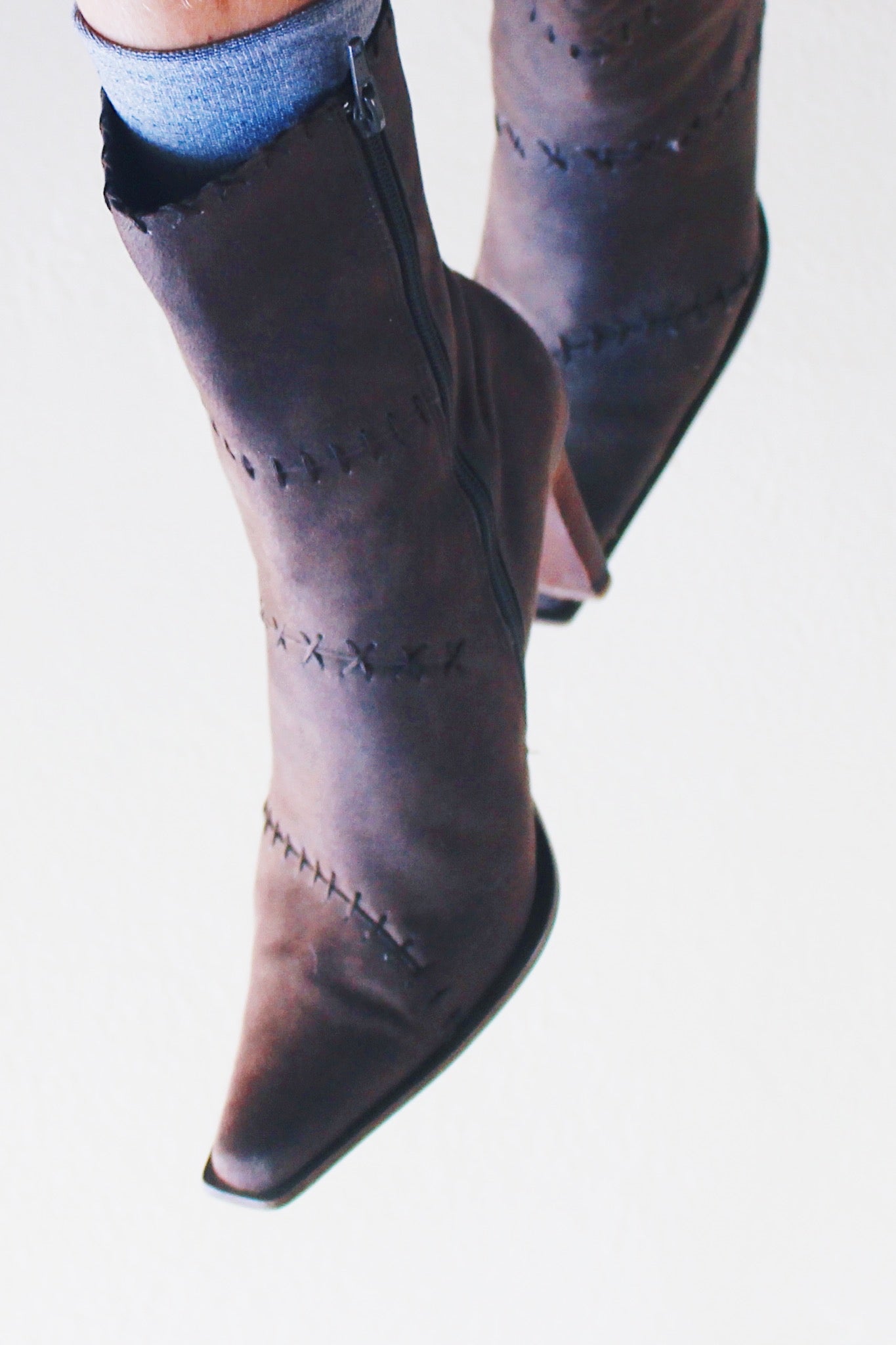 Y2K Grunge Patchwork Boot Heels - Step into a Time Machine of Style - Dark khaki patchwork pointed toe boots