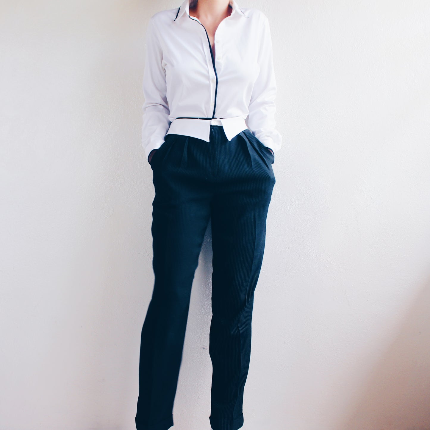 Academic Formal Chic: Vintage Black Pin Striped Collar Waist Pants/ Upcycled 90s Pleated Androgynous Slacks