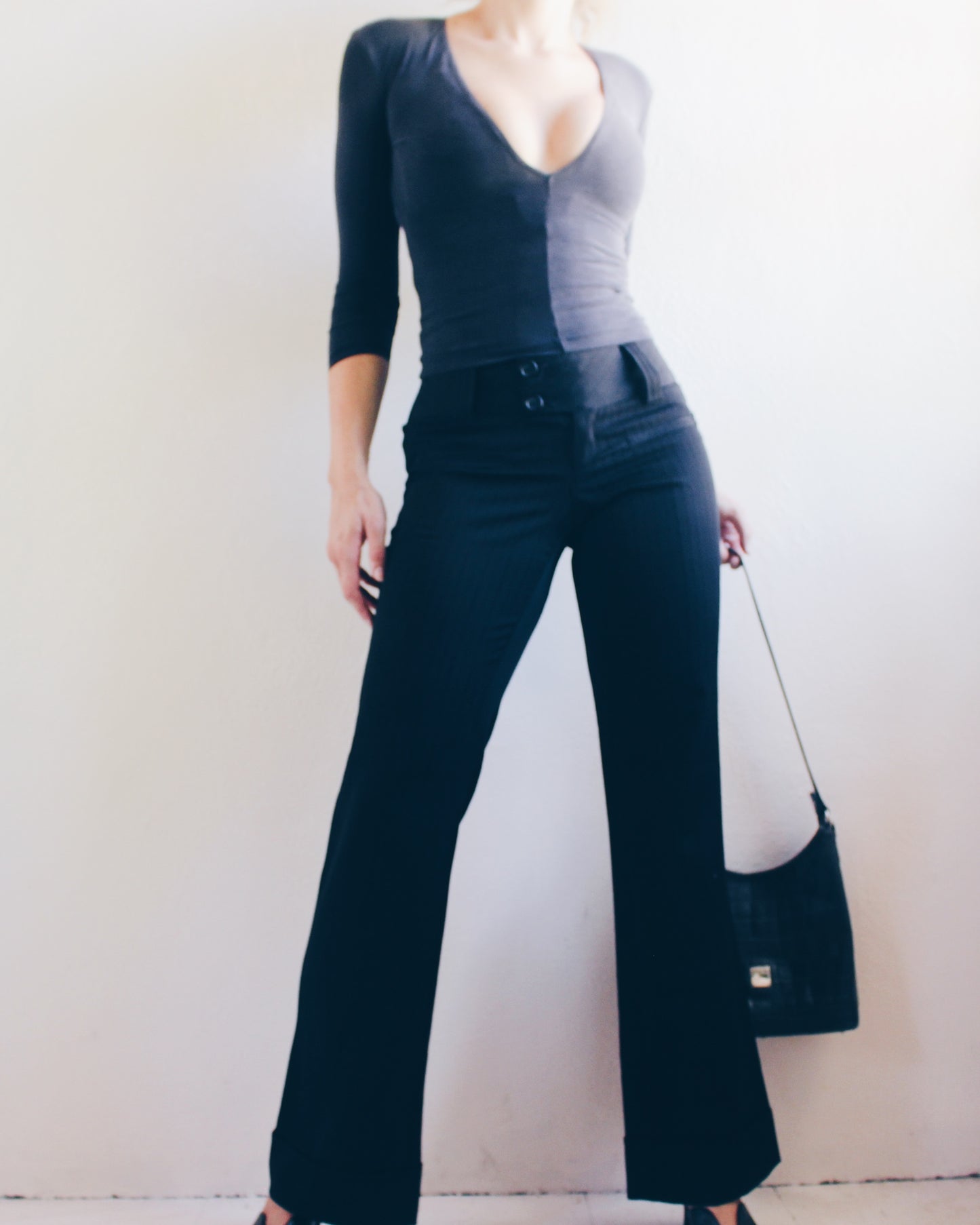 Vintage Y2K Low-Rise Black Pinstripe Bootcut Pants - Office Siren Style