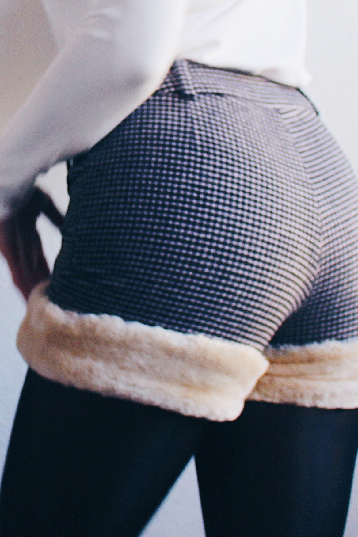Embrace Elegance: Fur-Lined Houndstooth Shorts - Dark Academia Chic, British Vibes