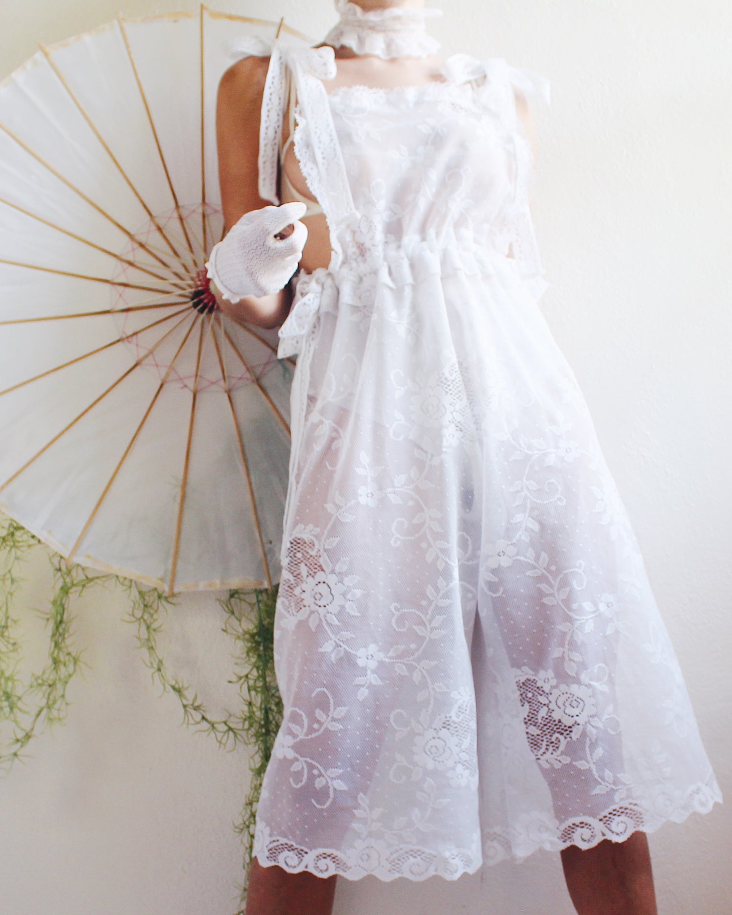 Upcycled Sheer Lace Overalls – Vintage White Curtain Reworked Dungarees | Whimsical Boho Summer Style