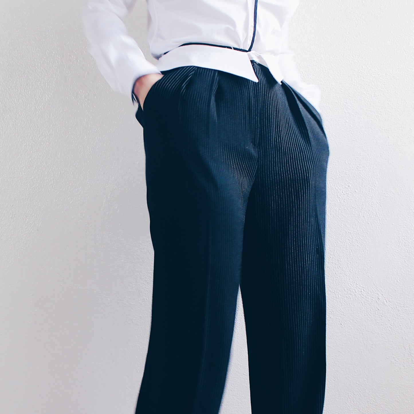 Academic Formal Chic: Vintage Black Pin Striped Collar Waist Pants/ Upcycled 90s Pleated Androgynous Slacks