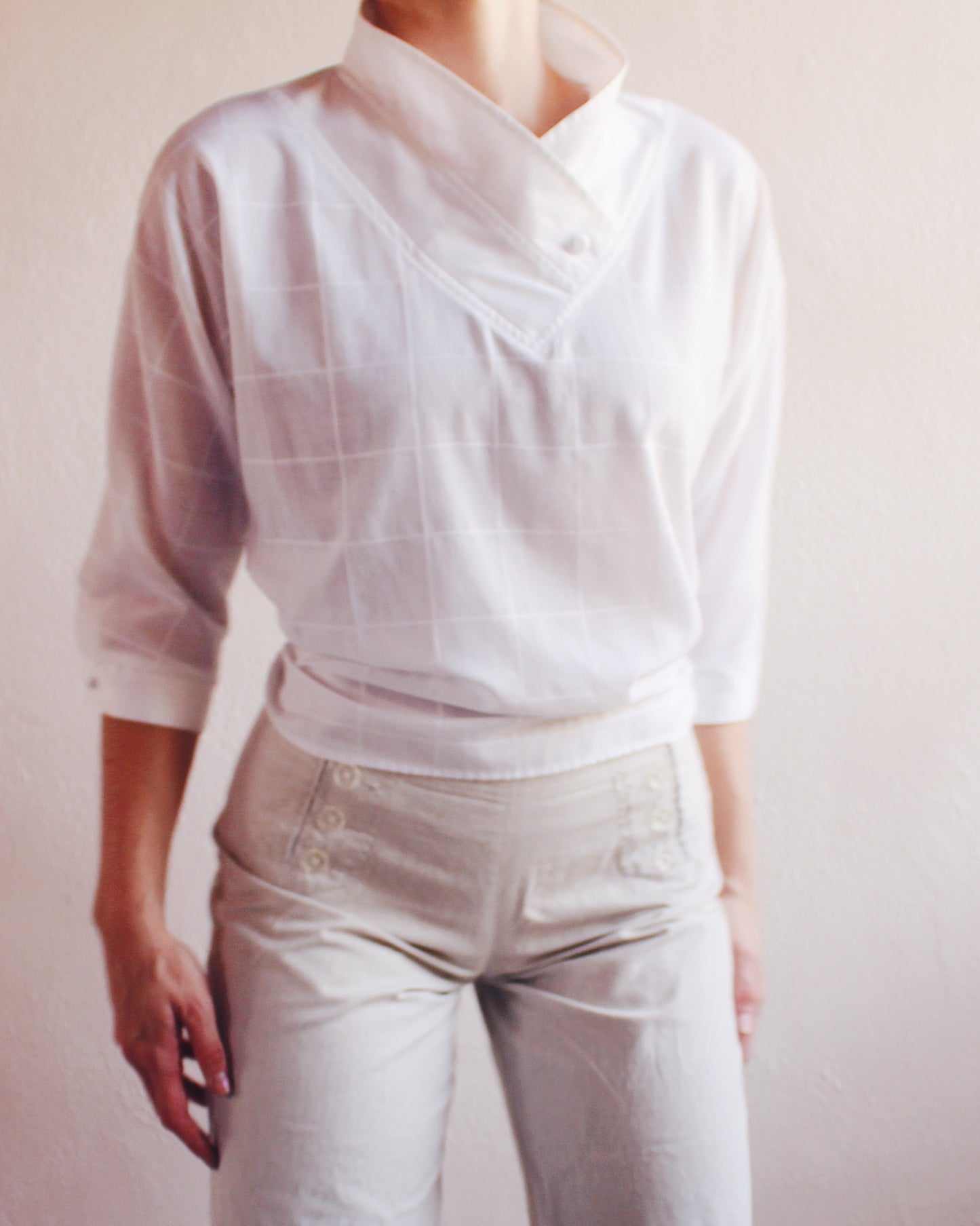 Vintage 1970s Pierre Cardin White Cotton Blouse — Asymmetrical Crossover Collar | Minimalist French Designer Shirt
