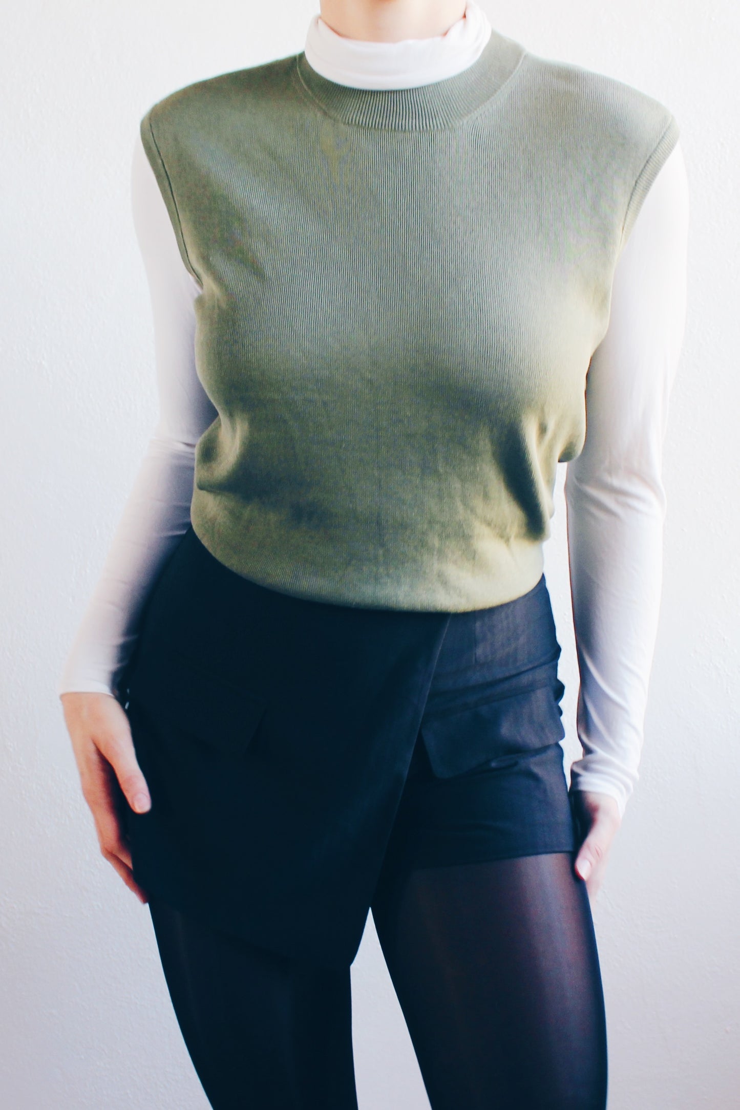 Elevate Your Wardrobe: Chic Olive Green Sleeveless Silk Sweater - Chic Academic Corporate Elegance