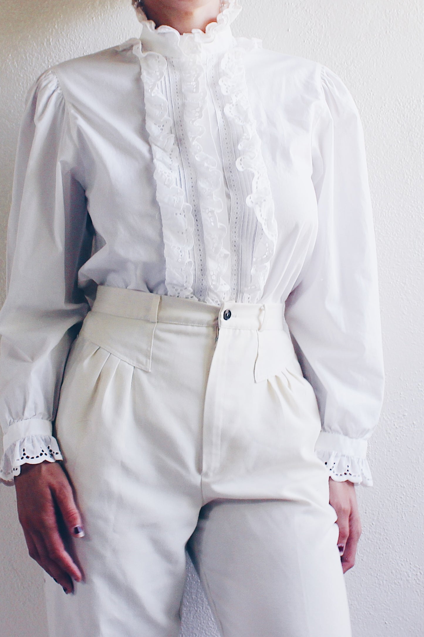 Cottage Elegance: White High-Neck Ruffled Victorian Renewal Blouse for Romantic Souls
