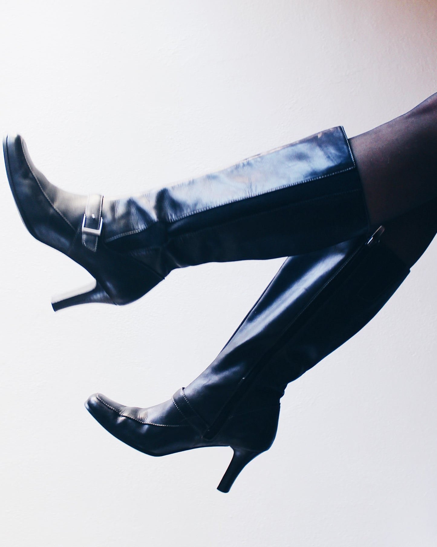Vintage 90s Worthington Black Leather Talll Boots – 2-Inch Heel, Belt Strap, Elastic Sides | Chic Minimalist Style Librarian Chic