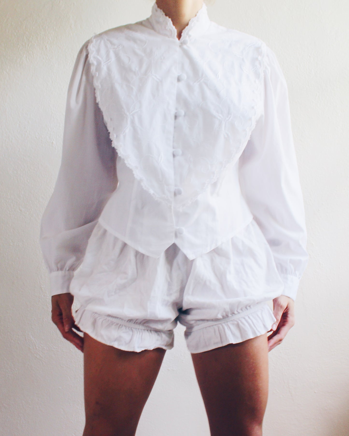 Vintage White Cotton High Neck Blouse - Embroidered Edwardian Silhouette | Cottagecore American Gothic Style | Historic Renewal Fashion