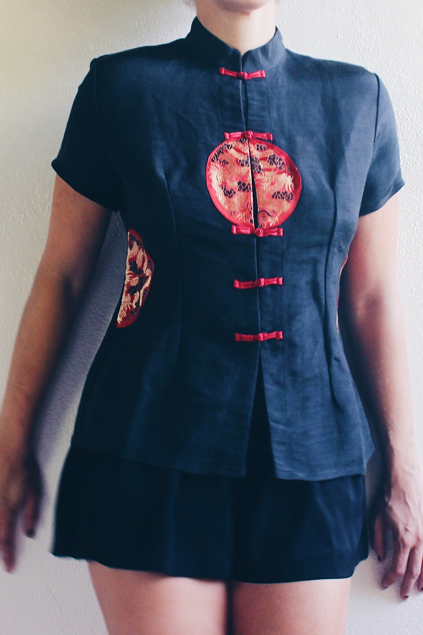 Black Chinese tunic / black red gold dragon shirt / linen silk cheongsam / 90s vintage top