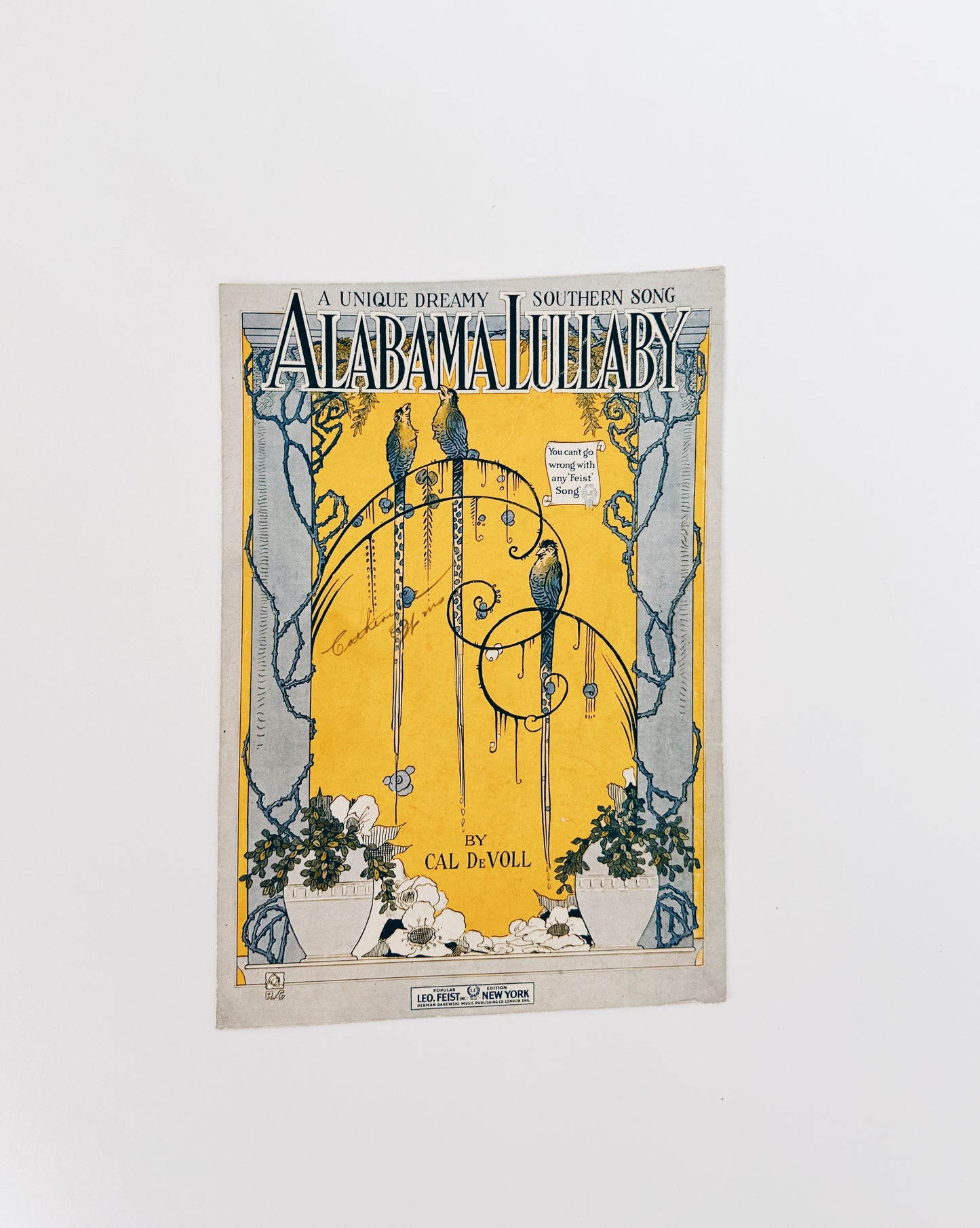 Antique Sheet Music "Alabama Lullaby" Cal DeVoll | Art Deco Bird Wall Art | 1920s Yellow Blue Illustration Decor