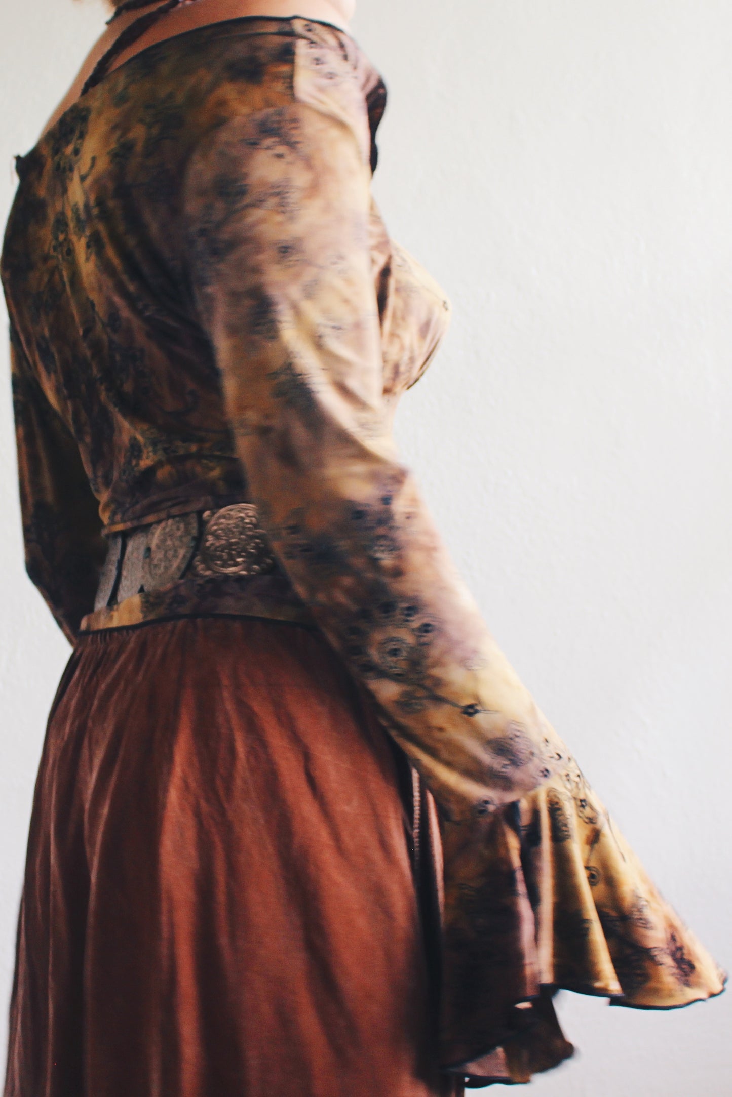 WhimsyGoth Dreams Velvet Print Bell Sleeve Blouse - Dark Elegance Meets Boho Chic!
