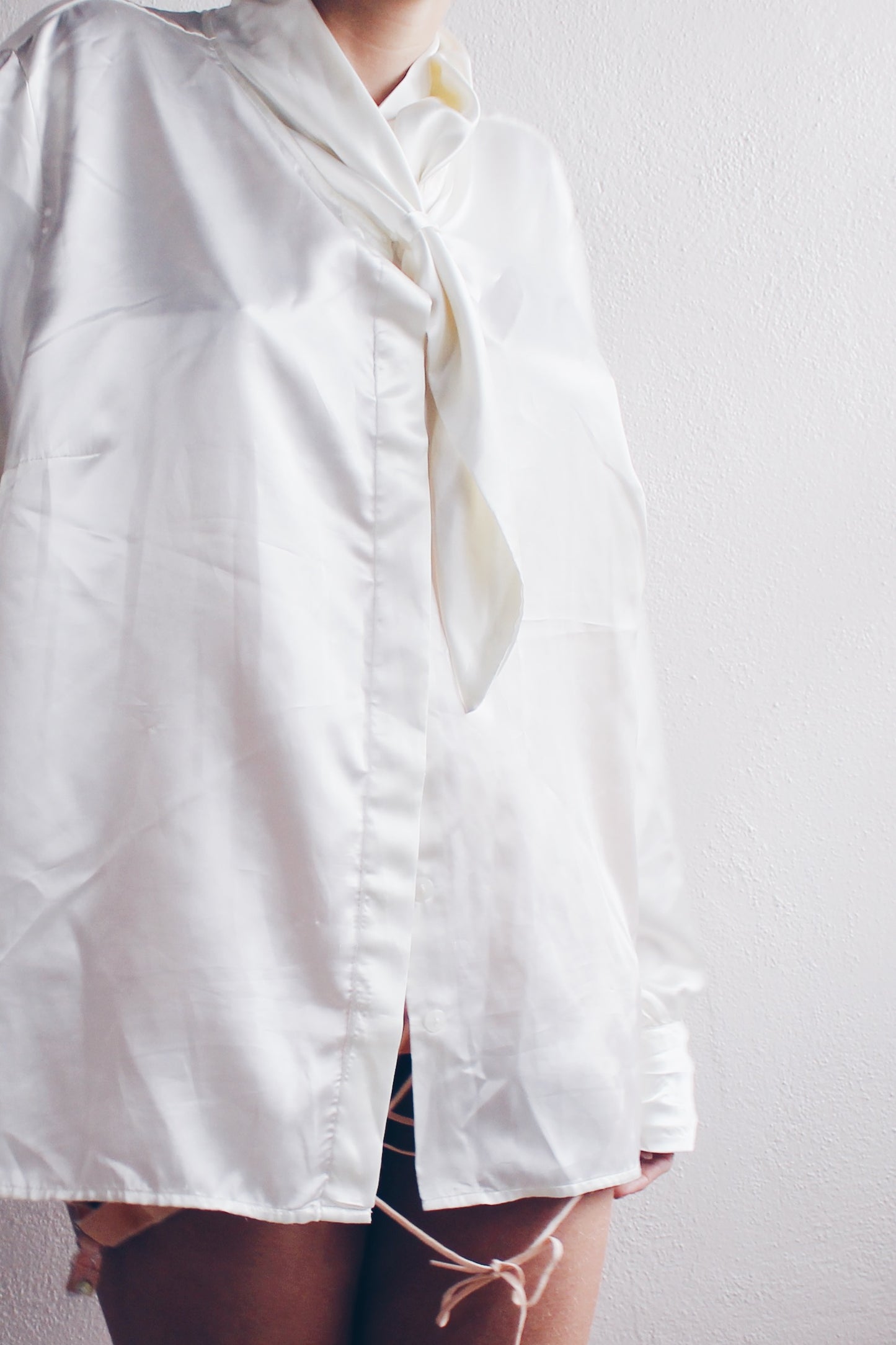1980s Elegance: Vintage White Satin Blouse with Hanky Tie Collar