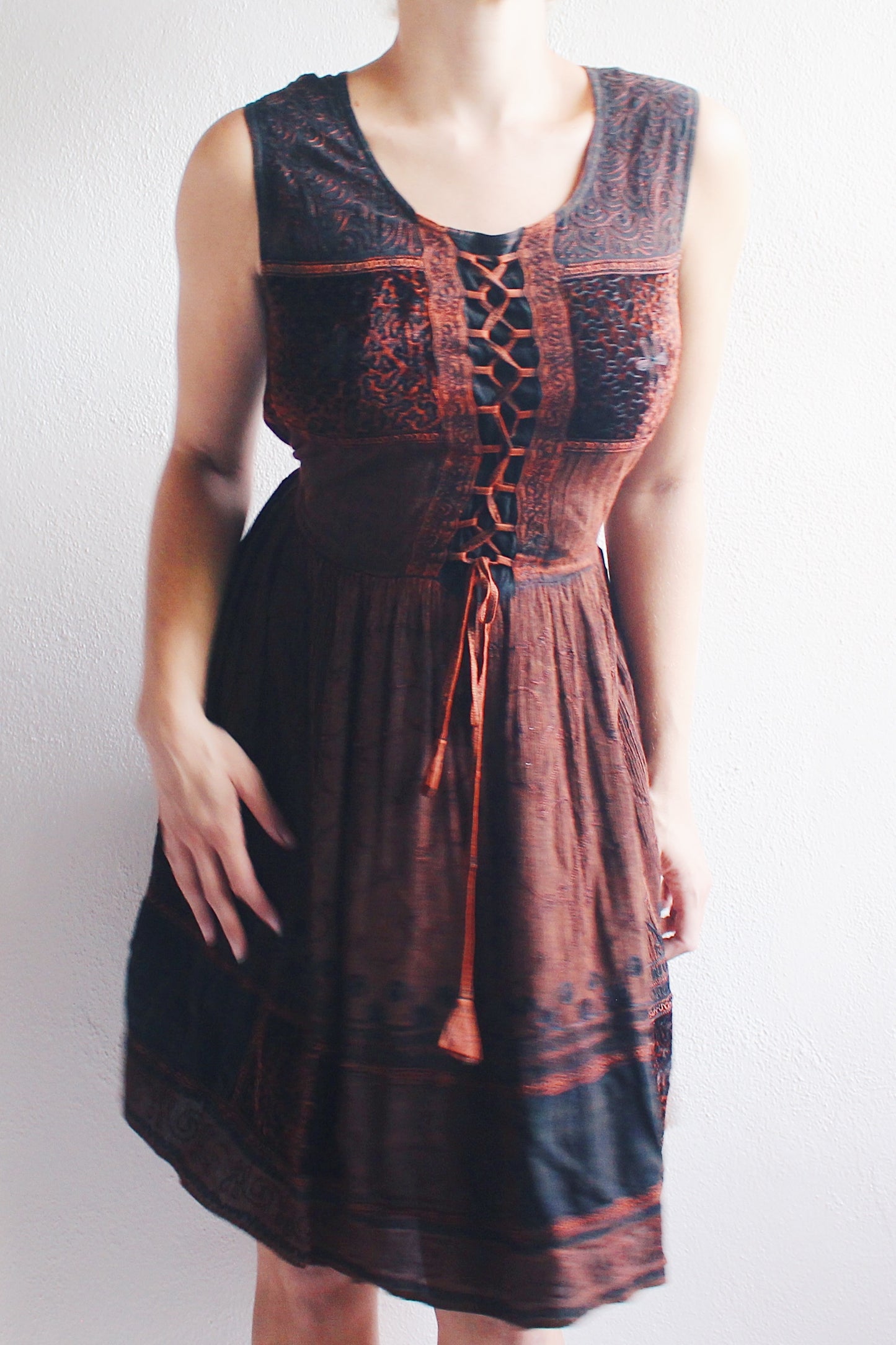 90s Vintage Brown Embroidered Dress with Whimsigoth fairy Vibes