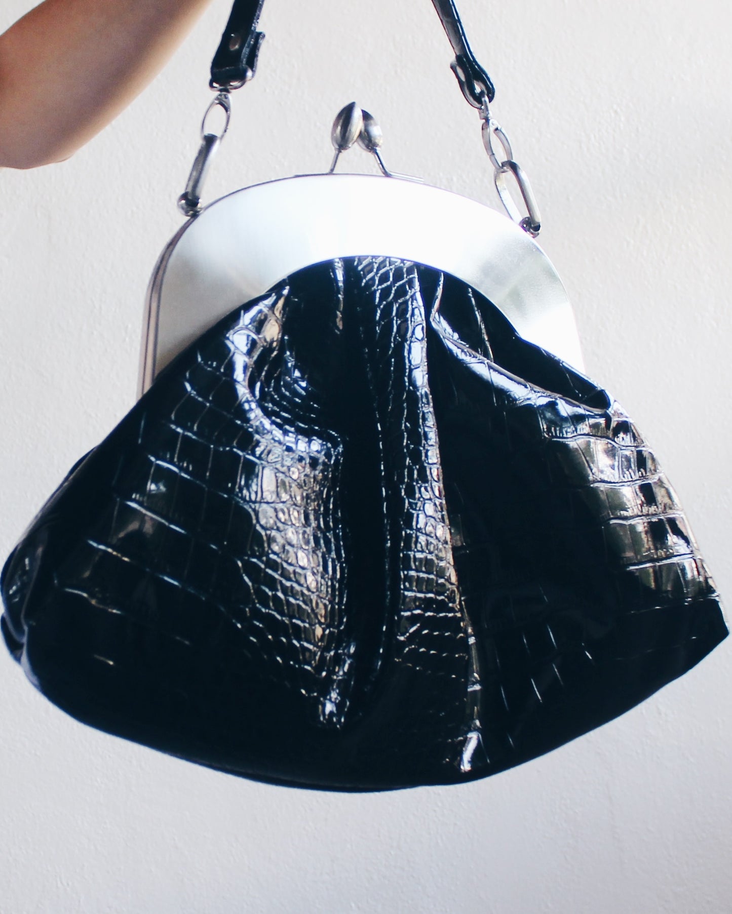 Black Alligator-Textured Giant Leather Coin Purse Handbag with Silver Clasp – Bold Statement Piece