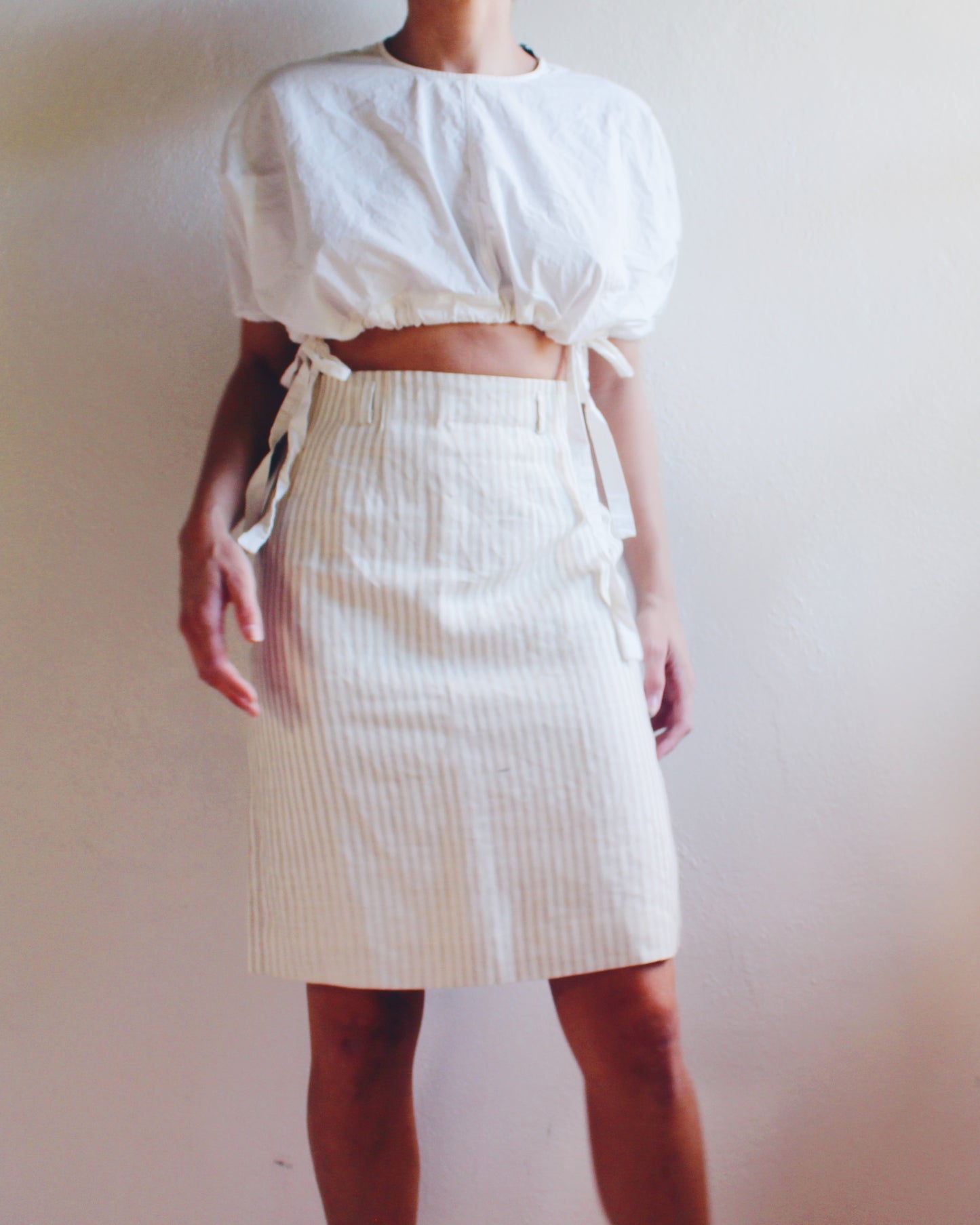Beige Striped Linen Midi Skirt - Minimalist Pinstripe 90s Style | Perfect Summer and fall Skirt