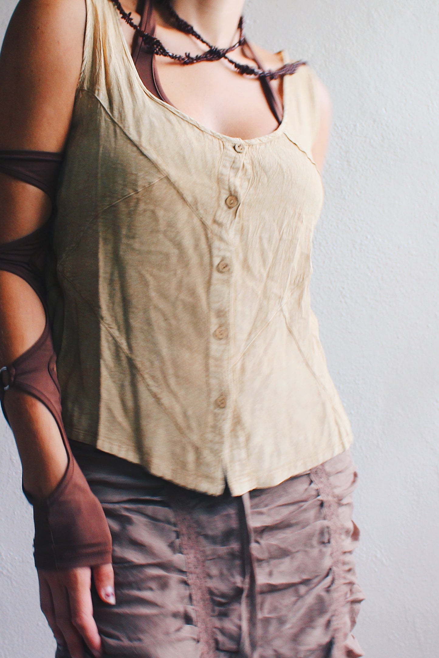 Whimsigoth Revival: Vintage '90s Patchwork Rayon Button-Up Tank Top