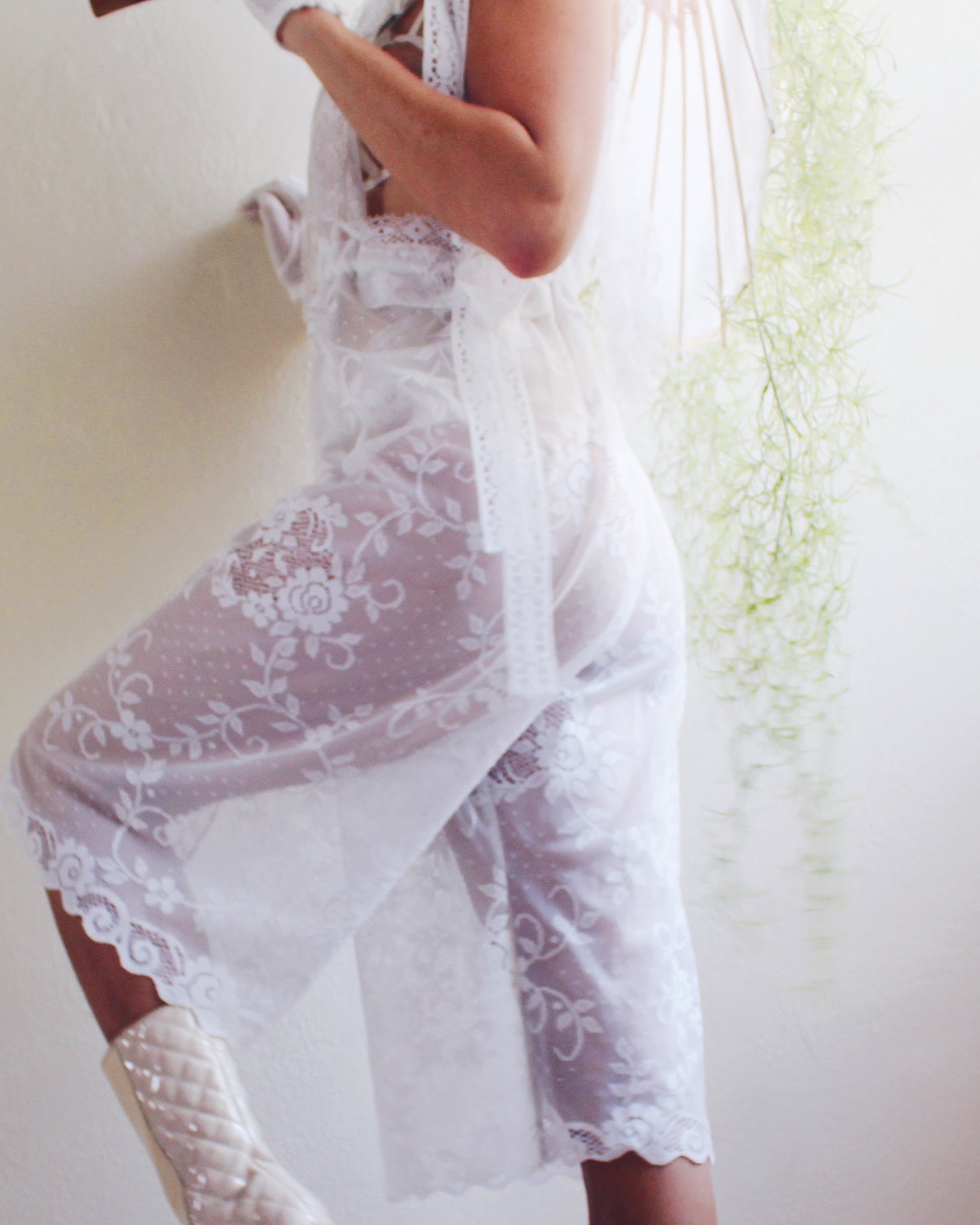 Upcycled Sheer Lace Overalls – Vintage White Curtain Reworked Dungarees | Whimsical Boho Summer Style