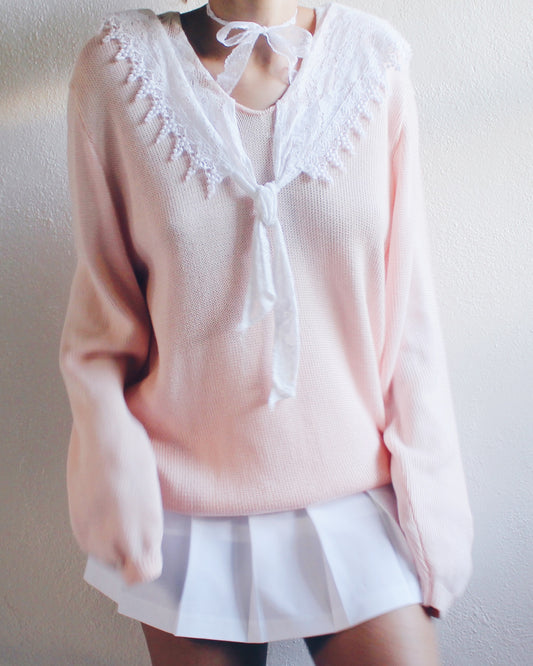 Vintage 1980s Scott McClintock Light Pink Knit Sweater with Lace Sailor Collar – Kawaii Coquette Grandma-Core Style