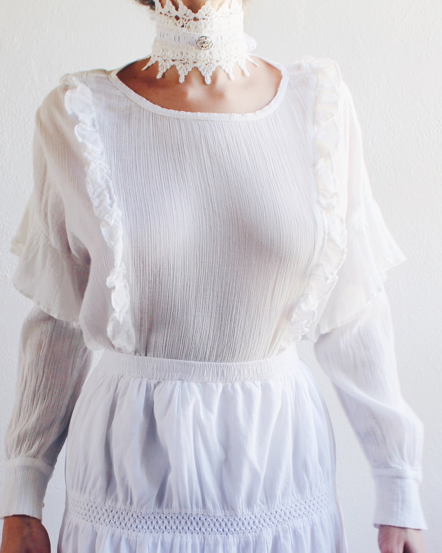 AllSaints White Gauzy Cotton Blouse – Edwardian-Inspired Ethereal Top | Whimsical Cottagecore Style