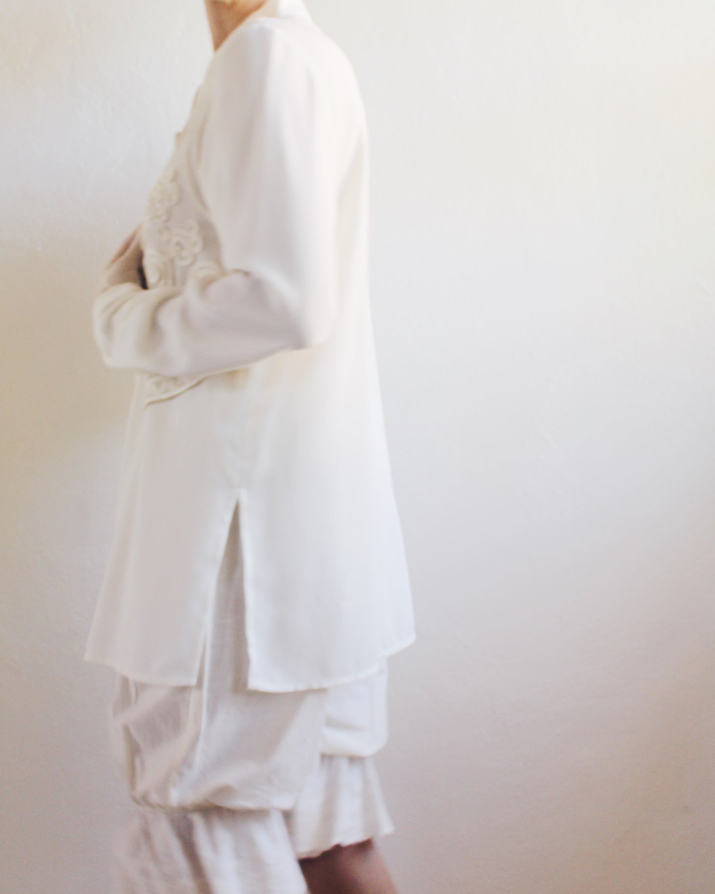 Ivory Vintage Long Sleeve Button Up Blouse with Attached Embroidered Vest - 90s Bohemian Renaissance Style | Cottagecore Fashion