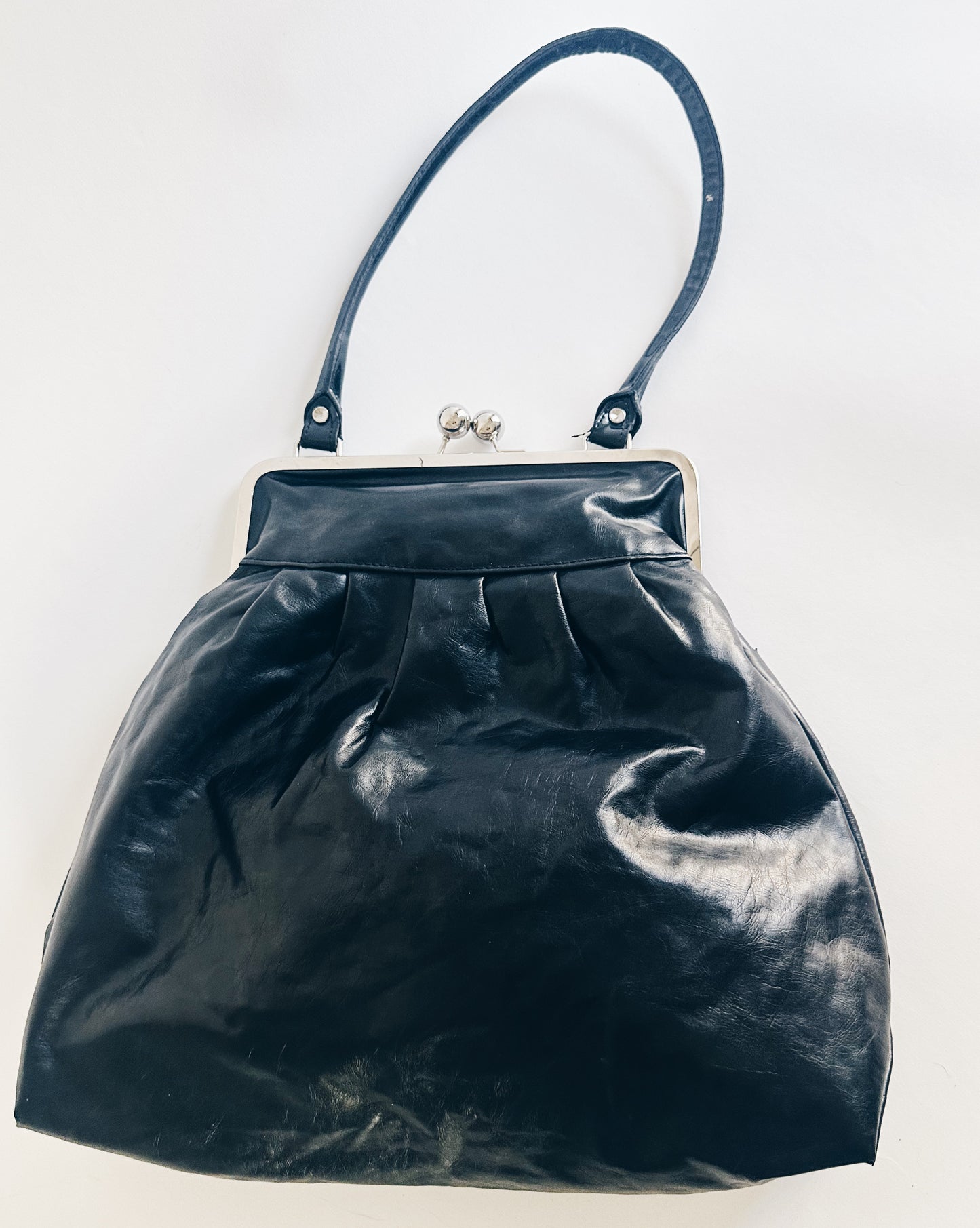 Black Giant Faux Leather Coin Purse Handbag with Silver Clasp – Bold Statement Piece