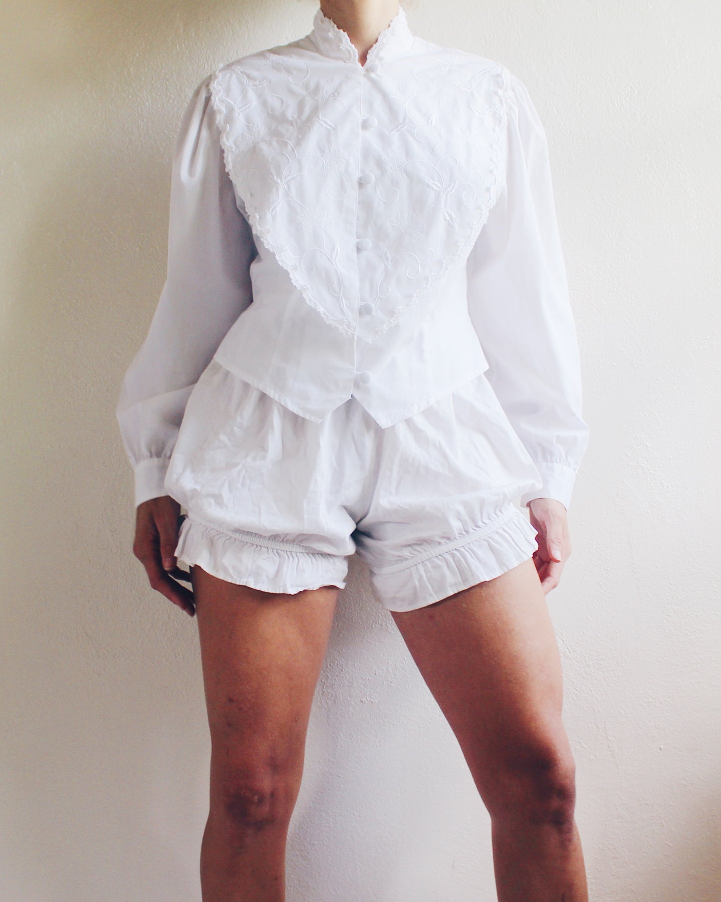 Vintage White Cotton High Neck Blouse - Embroidered Edwardian Silhouette | Cottagecore American Gothic Style | Historic Renewal Fashion