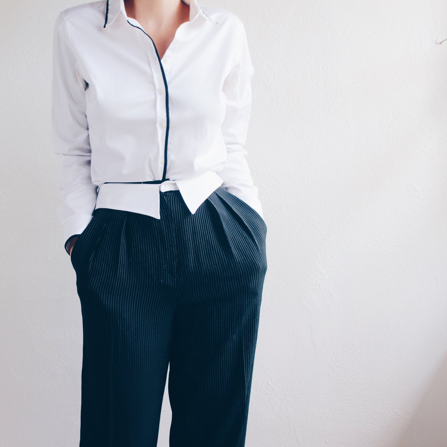Academic Formal Chic: Vintage Black Pin Striped Collar Waist Pants/ Upcycled 90s Pleated Androgynous Slacks