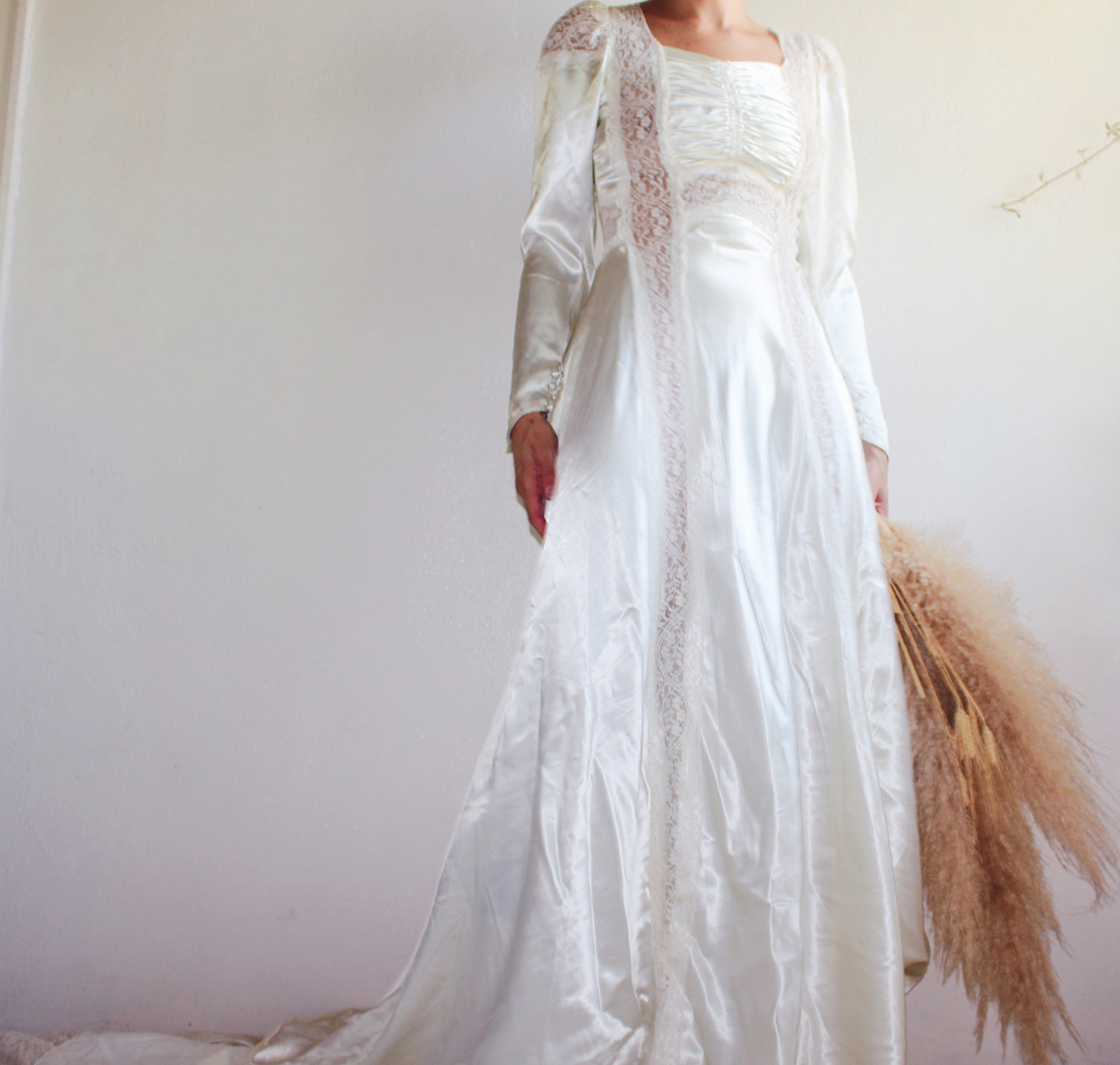 1940s Vintage Ivory Wedding Dress with Long Train - Victorian Edwardian Lace Satin | Delicate Antique Craftsmanship - Statement Bridal Gown