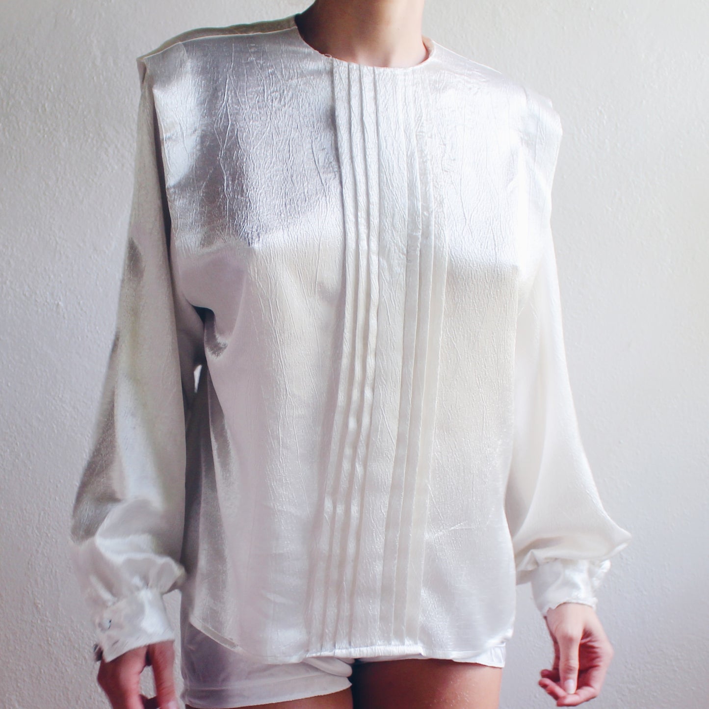 Upcycled Vintage 1980s Ivory Satiny Blouse - Pleated Bust & Wide Shoulders | Retro Edwardian Morute Style