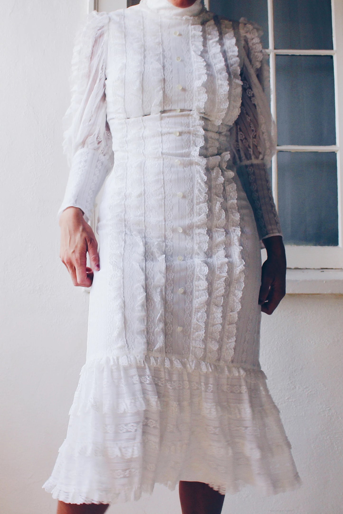 Vintage White Lace High Neck Victorian Midi Dress - Long Sleeve Coquette | American Gothic Prairie Wedding Dress