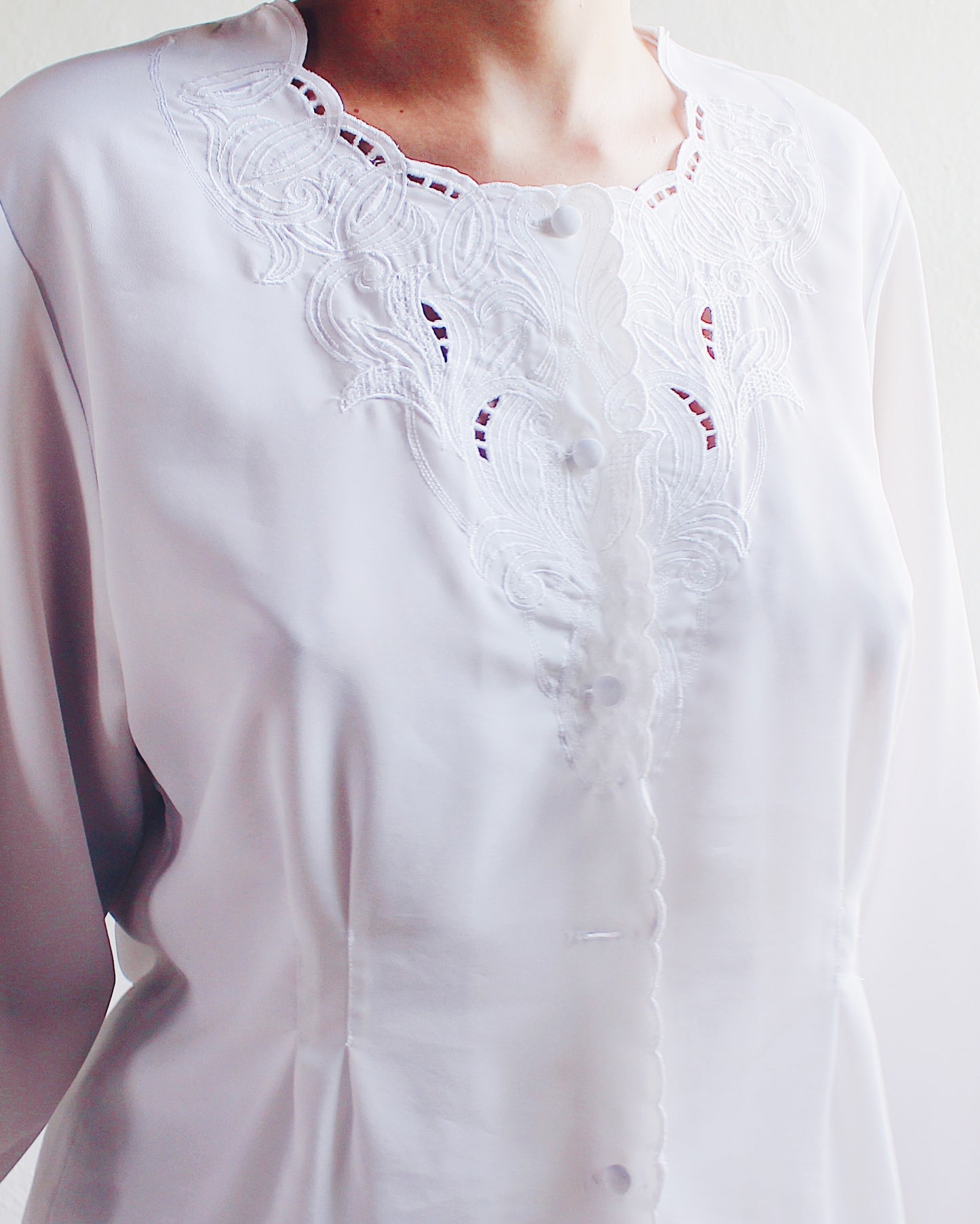 White Vintage Blouse with Pleated Waist and Cut-Out Embroidered neckline - Romantic Cottagecore Coquette Style