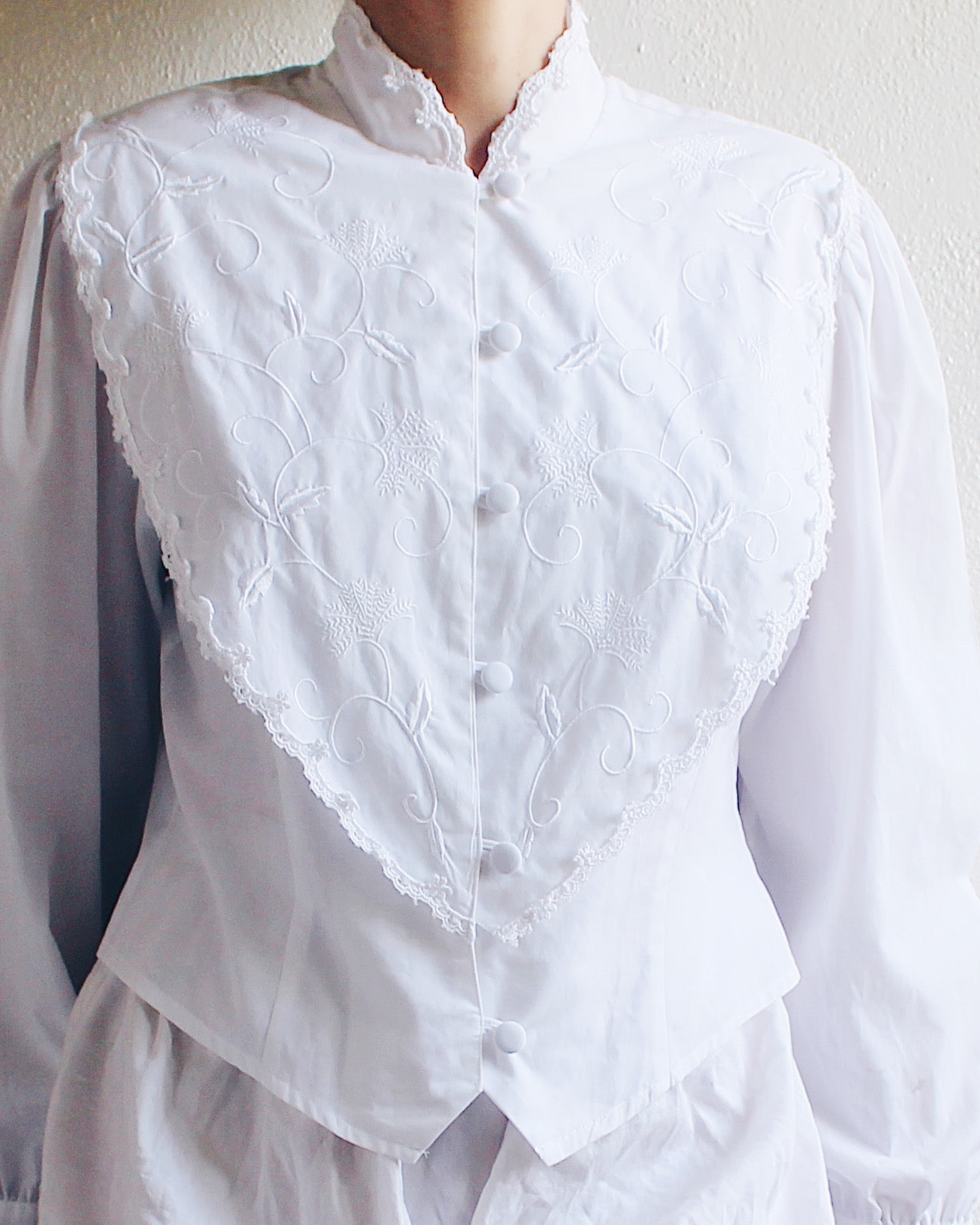 Vintage White Cotton High Neck Blouse - Embroidered Edwardian Silhouette | Cottagecore American Gothic Style | Historic Renewal Fashion