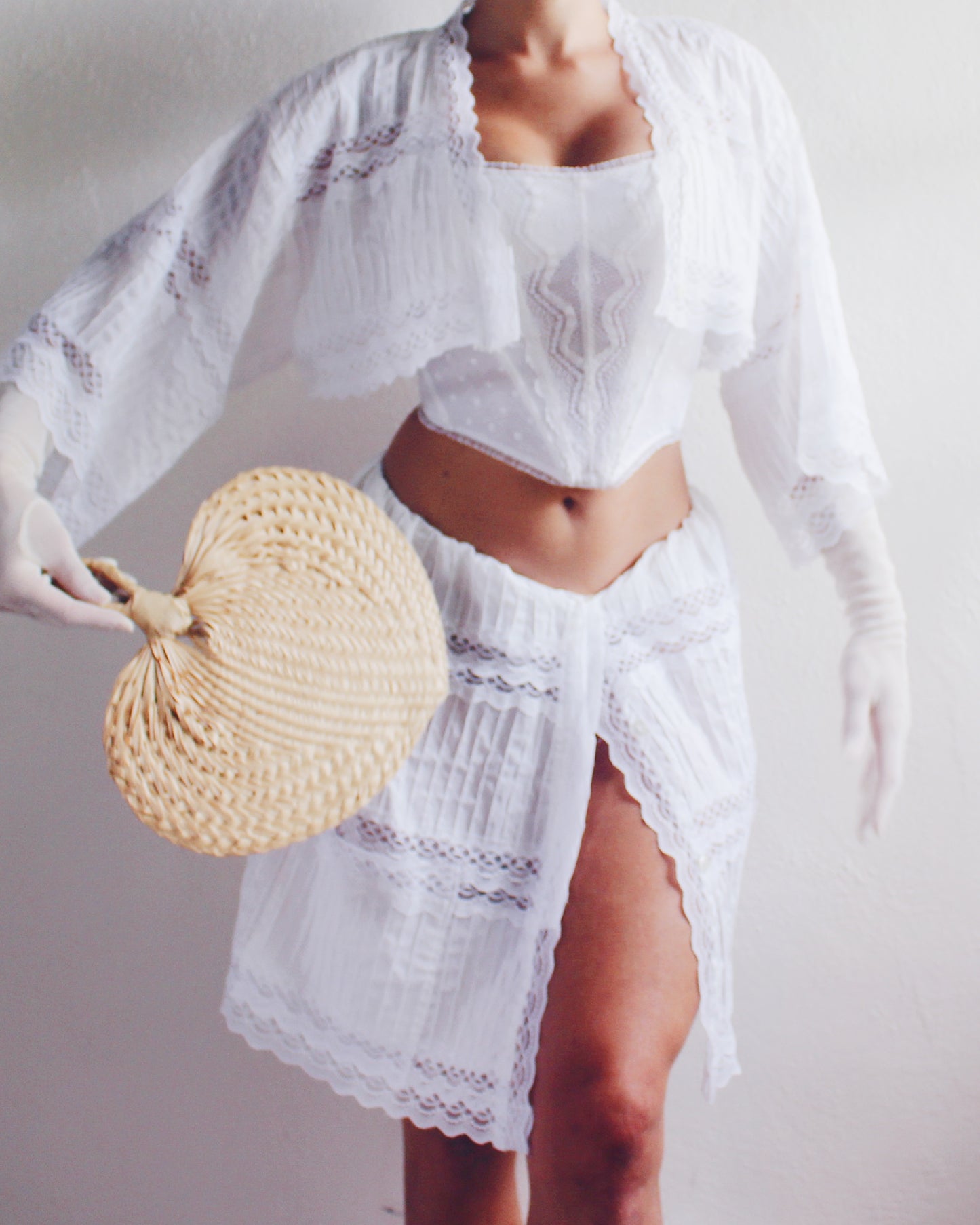 Upcycled White Cotton Skirt and Button Up Set with Lace Panels - Tropical Bohemian Style | Sustainable Fashion Made from Recycled Vintage