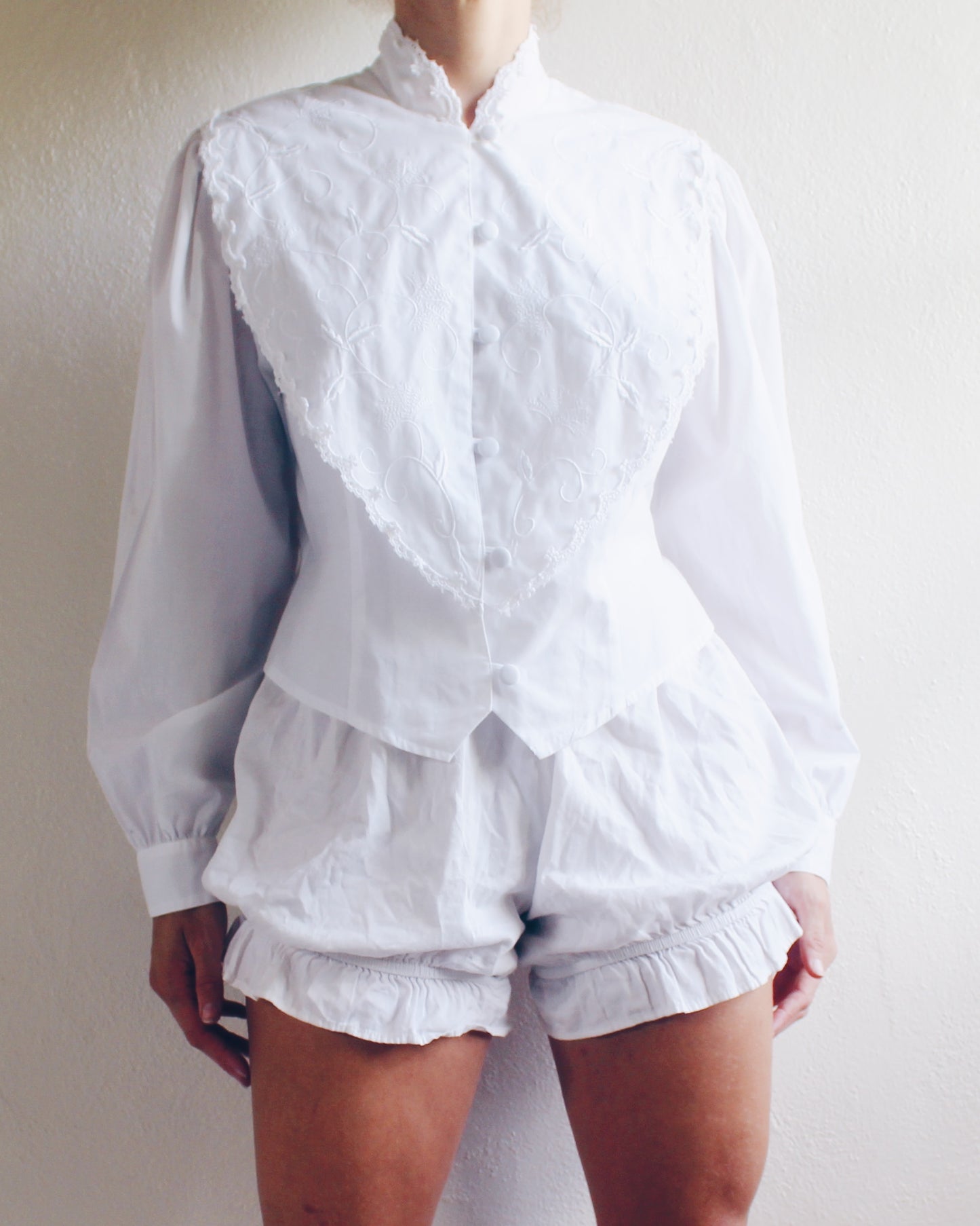 Vintage White Cotton High Neck Blouse - Embroidered Edwardian Silhouette | Cottagecore American Gothic Style | Historic Renewal Fashion