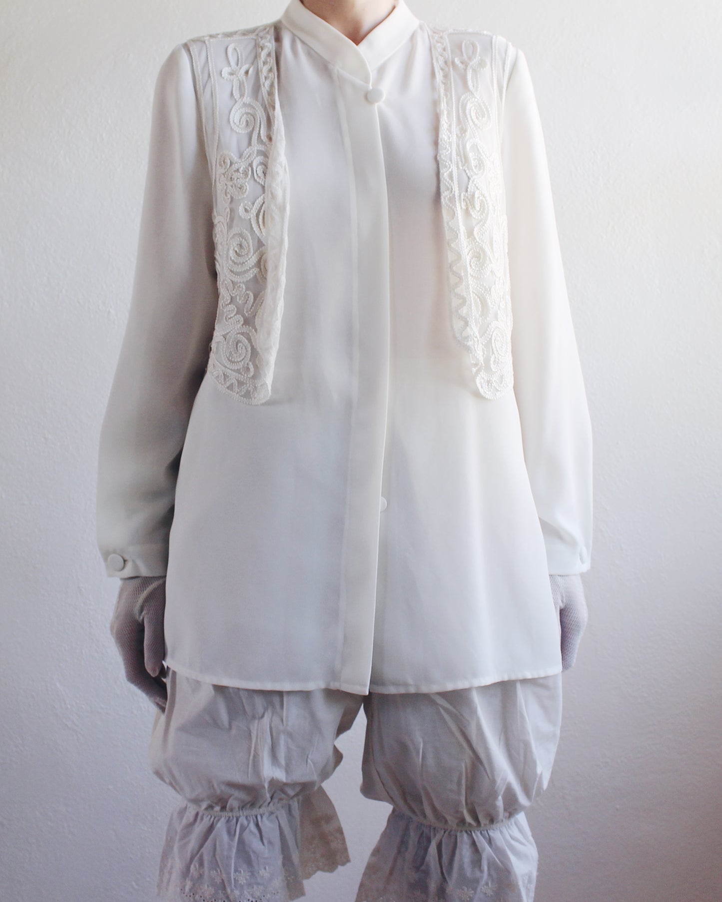 Ivory Vintage Long Sleeve Button Up Blouse with Attached Embroidered Vest - 90s Bohemian Renaissance Style | Cottagecore Fashion