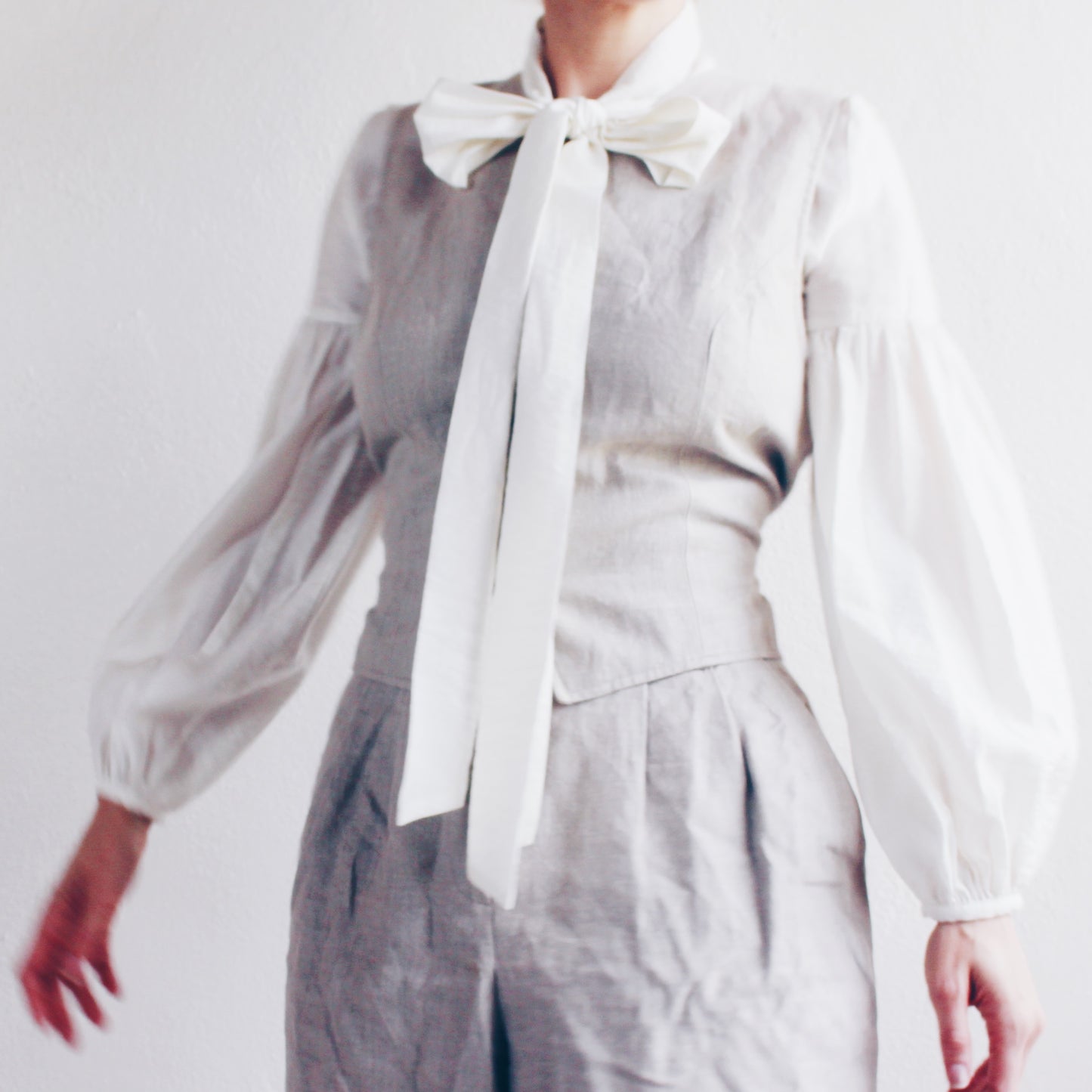 Cream Bow Tie Blouse with Puffy Sleeves | Coquette Prairie Style